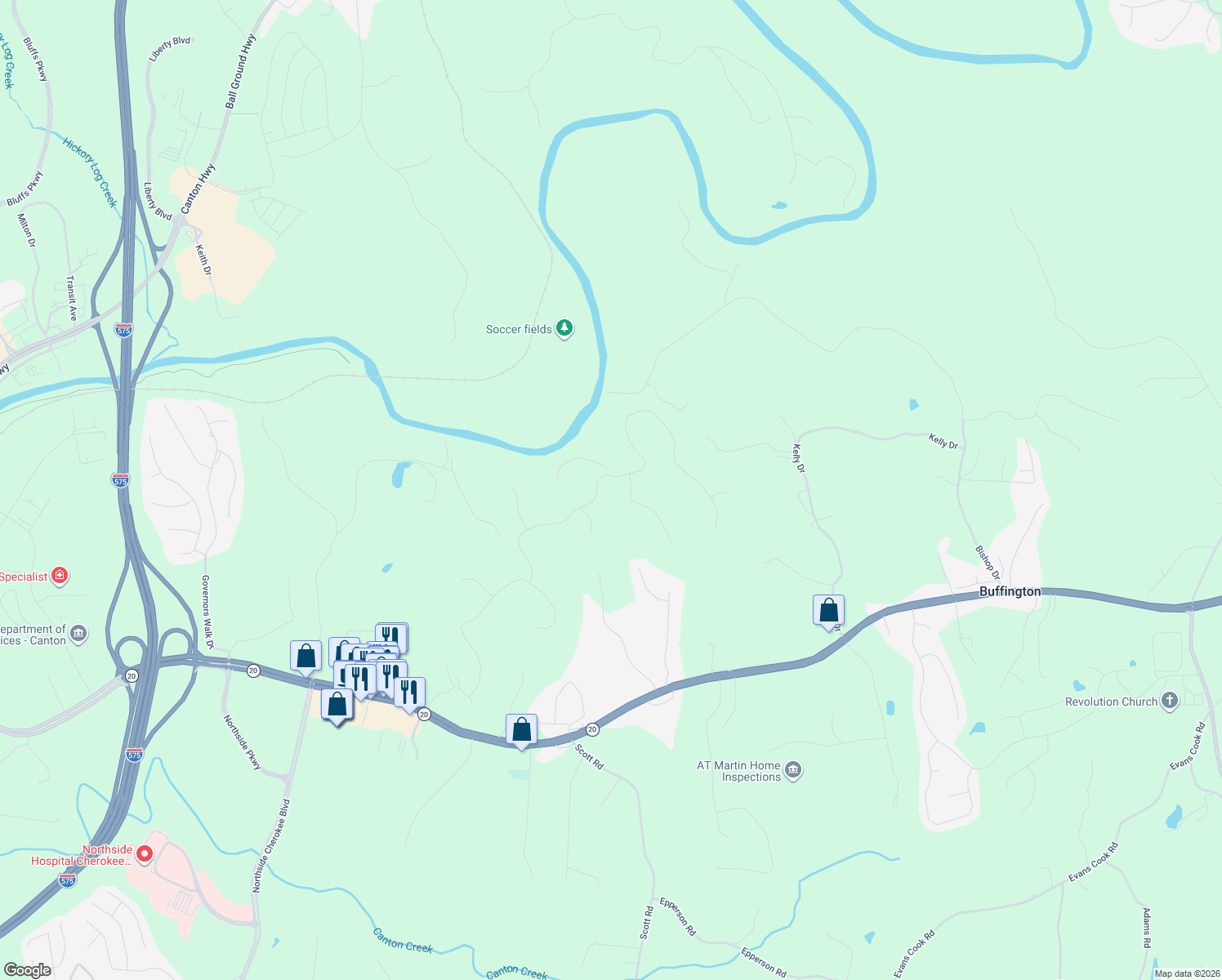 map of restaurants, bars, coffee shops, grocery stores, and more near 800 Waterford Estates Manor in Canton