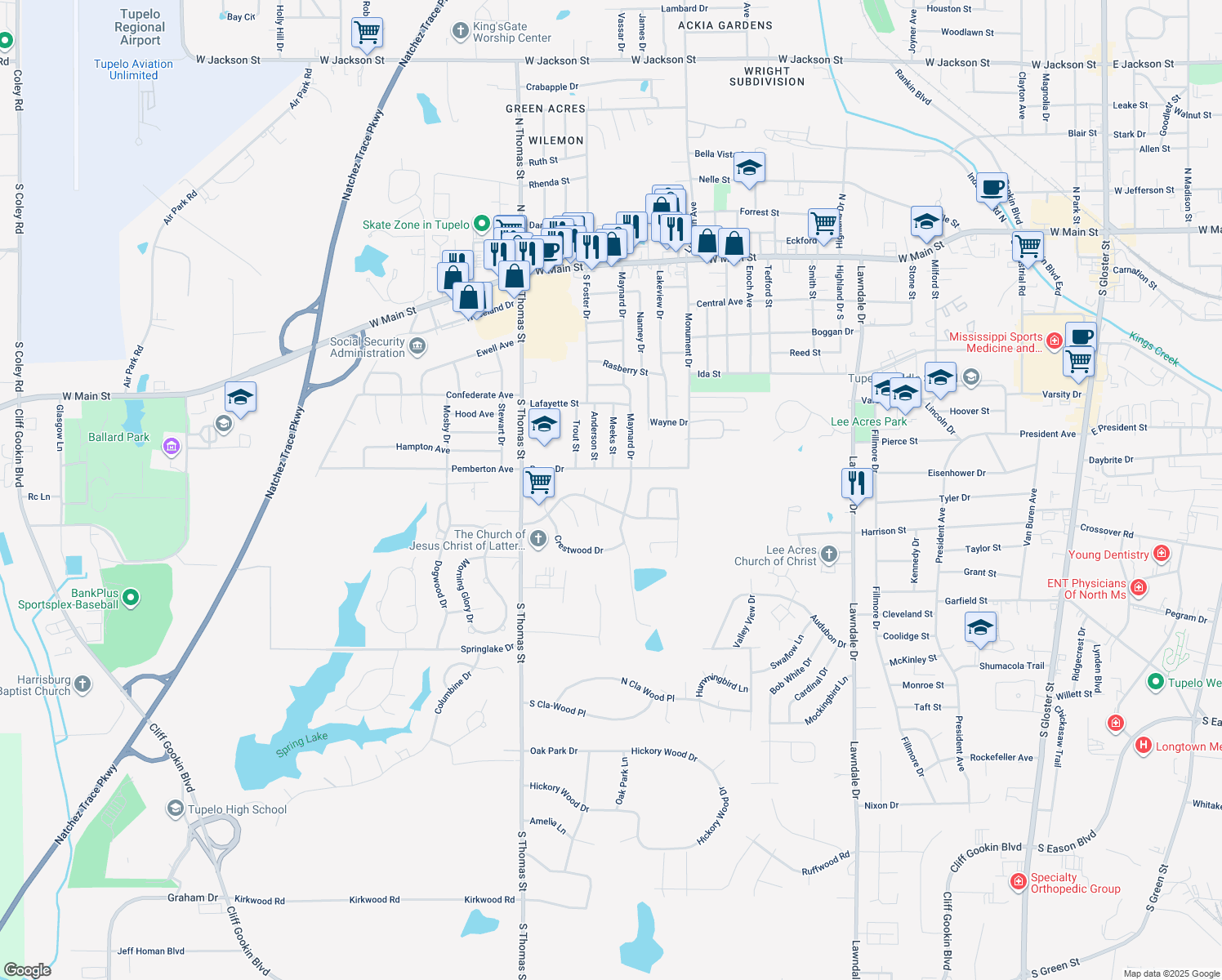map of restaurants, bars, coffee shops, grocery stores, and more near 199 Maywood Cir in Tupelo