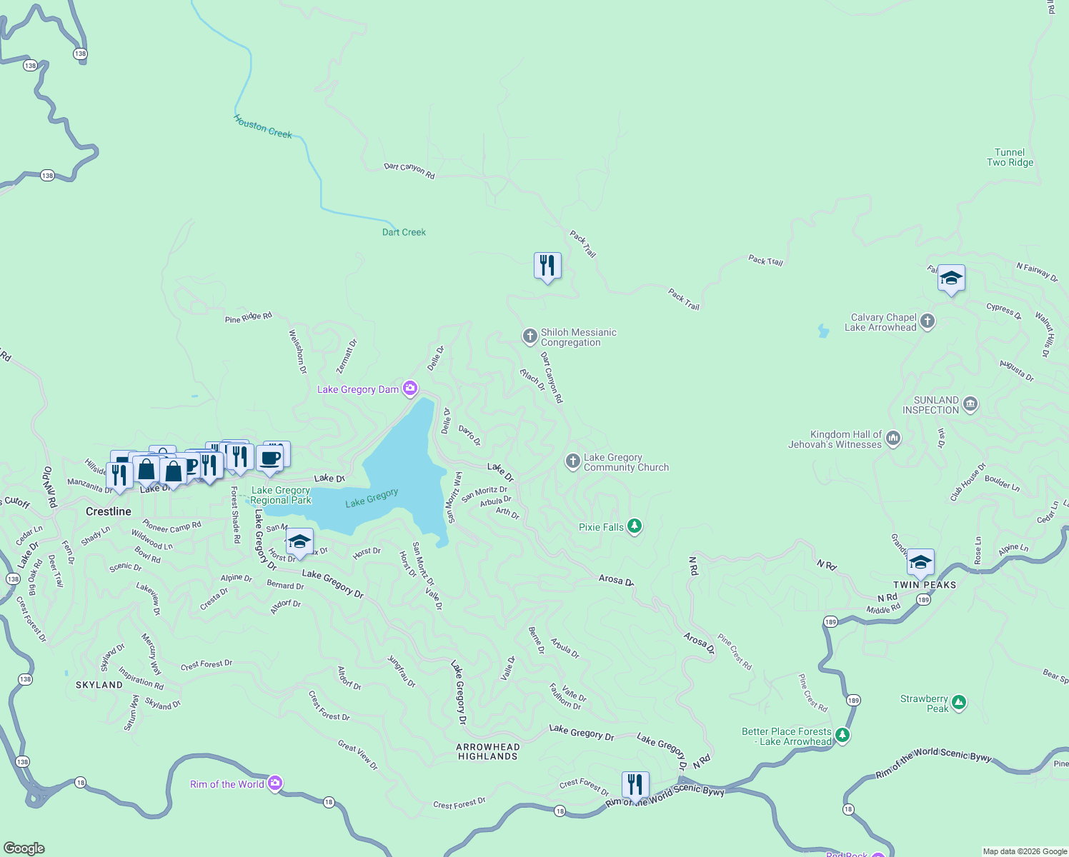 map of restaurants, bars, coffee shops, grocery stores, and more near 398 Dunant Drive in Crestline