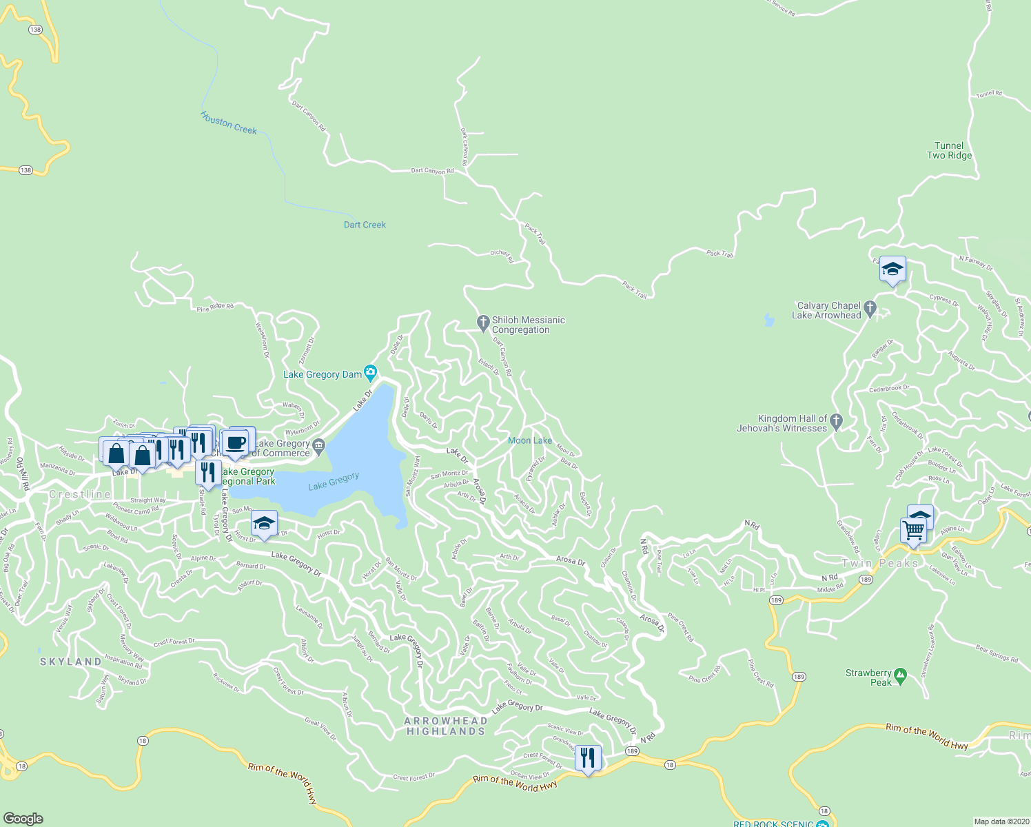 map of restaurants, bars, coffee shops, grocery stores, and more near 380 South Dart Canyon Road in Crestline