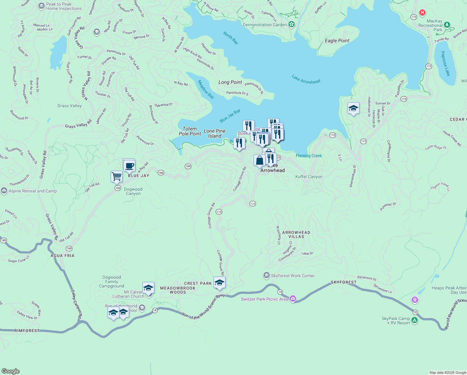 map of restaurants, bars, coffee shops, grocery stores, and more near 400 Cottage Grove Road in Lake Arrowhead
