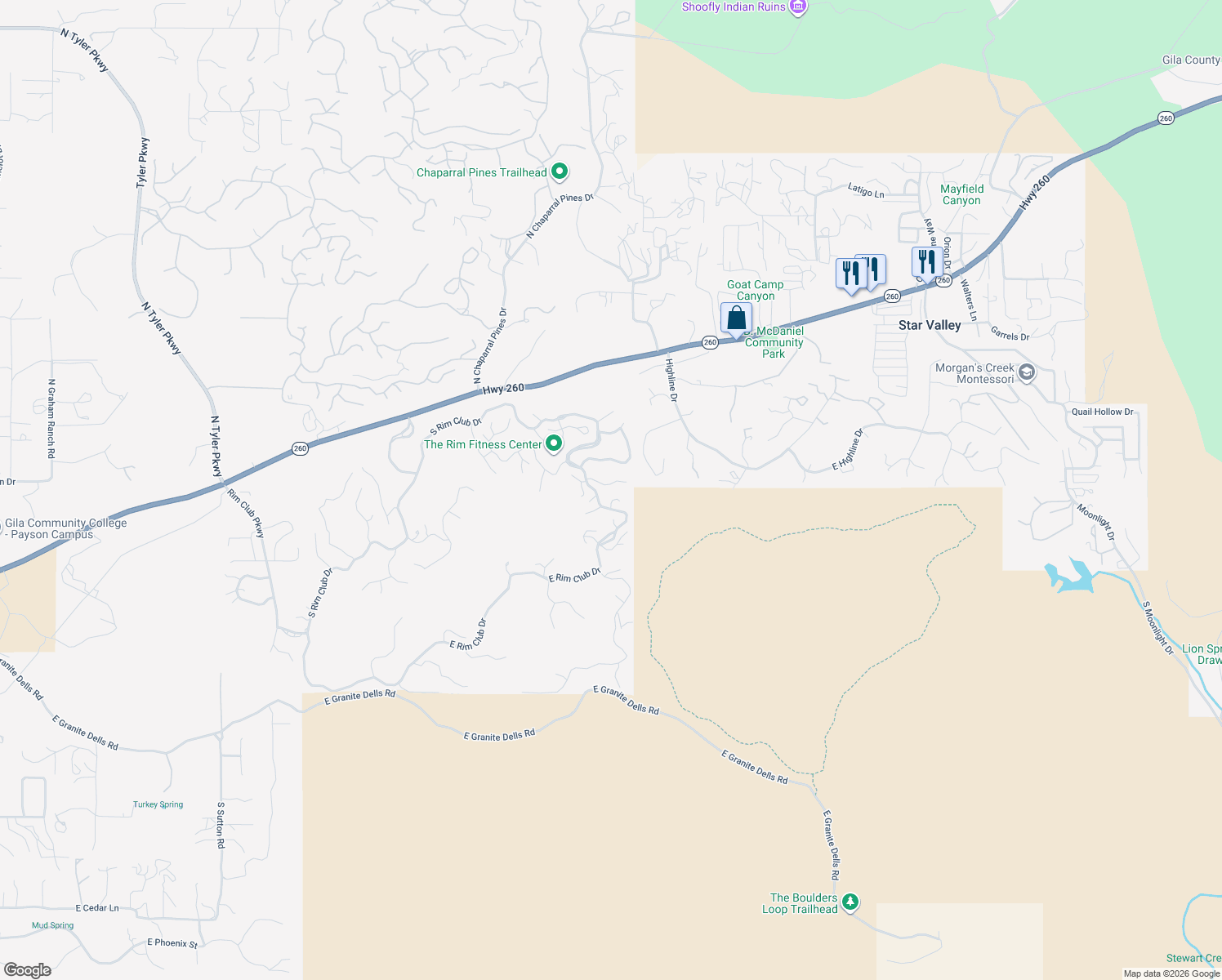 map of restaurants, bars, coffee shops, grocery stores, and more near 3007 East Arrow Point in Payson