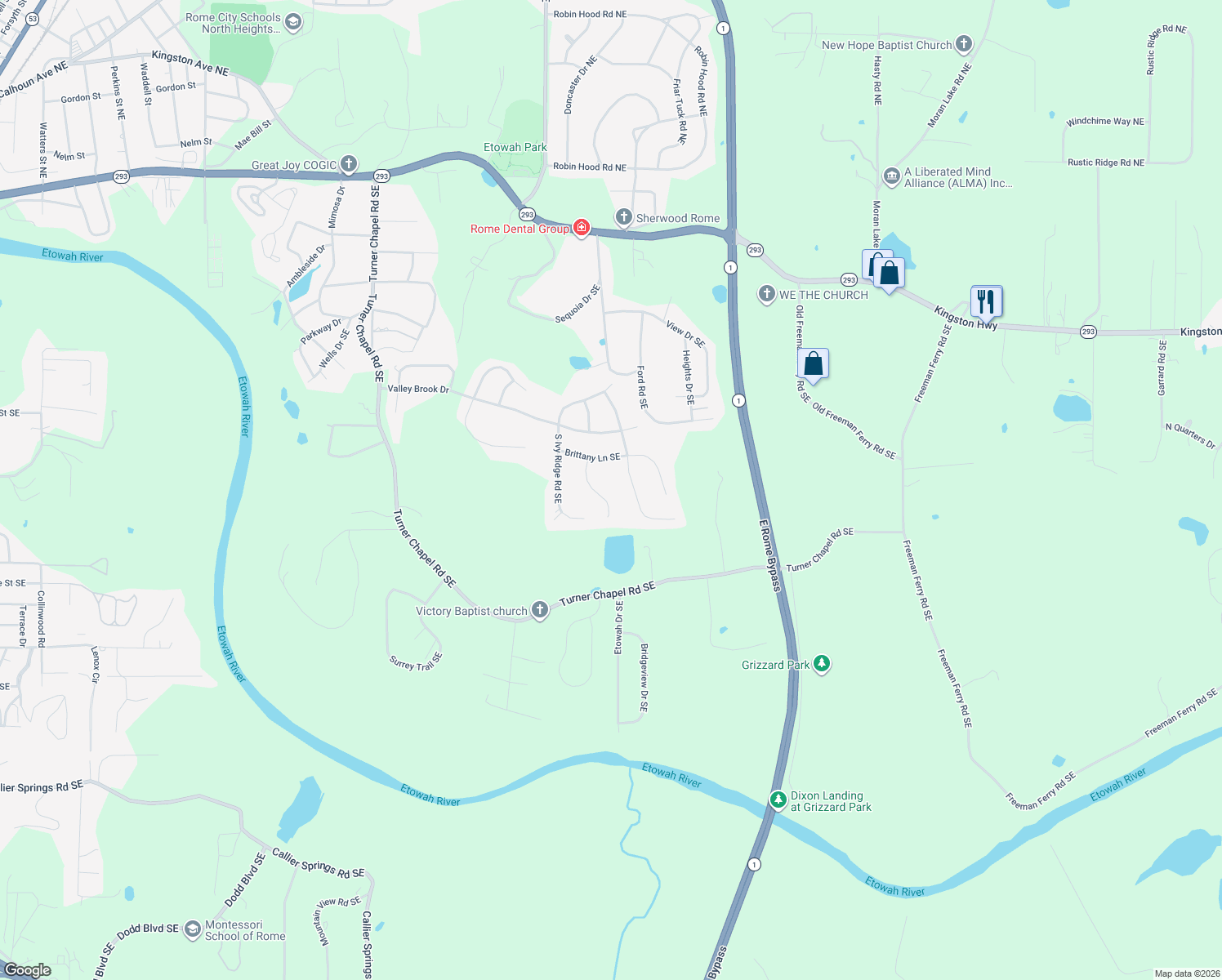 map of restaurants, bars, coffee shops, grocery stores, and more near 13 Breckenridge Rd SE in Rome