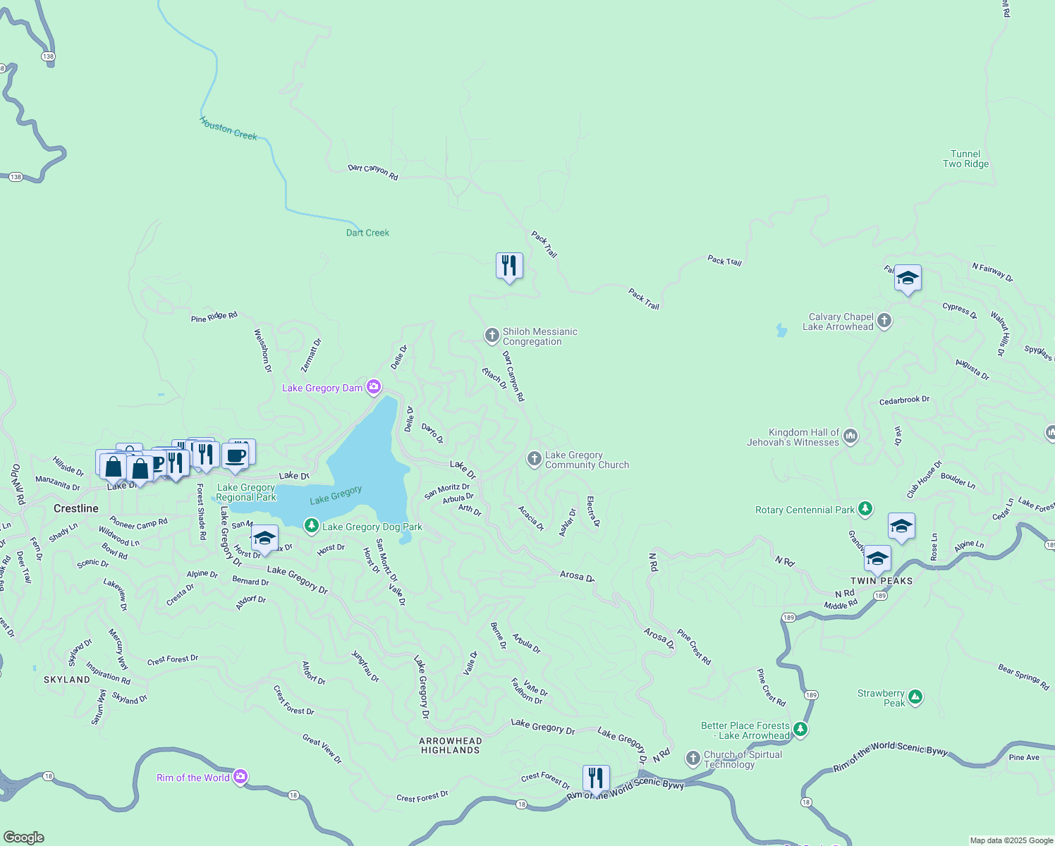 map of restaurants, bars, coffee shops, grocery stores, and more near 380 South Dart Canyon Road in Crestline