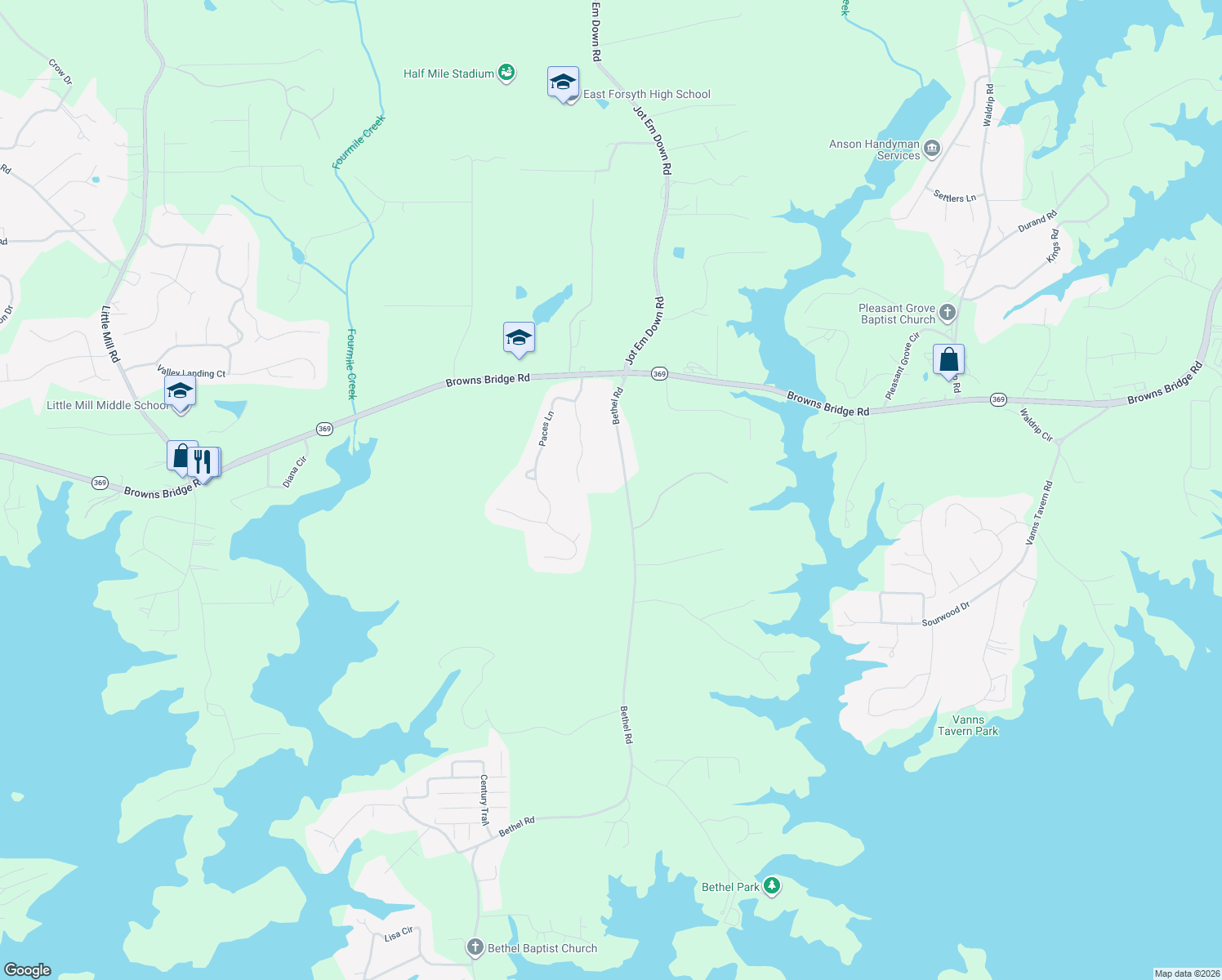 map of restaurants, bars, coffee shops, grocery stores, and more near 7770 Bethel Road in Gainesville