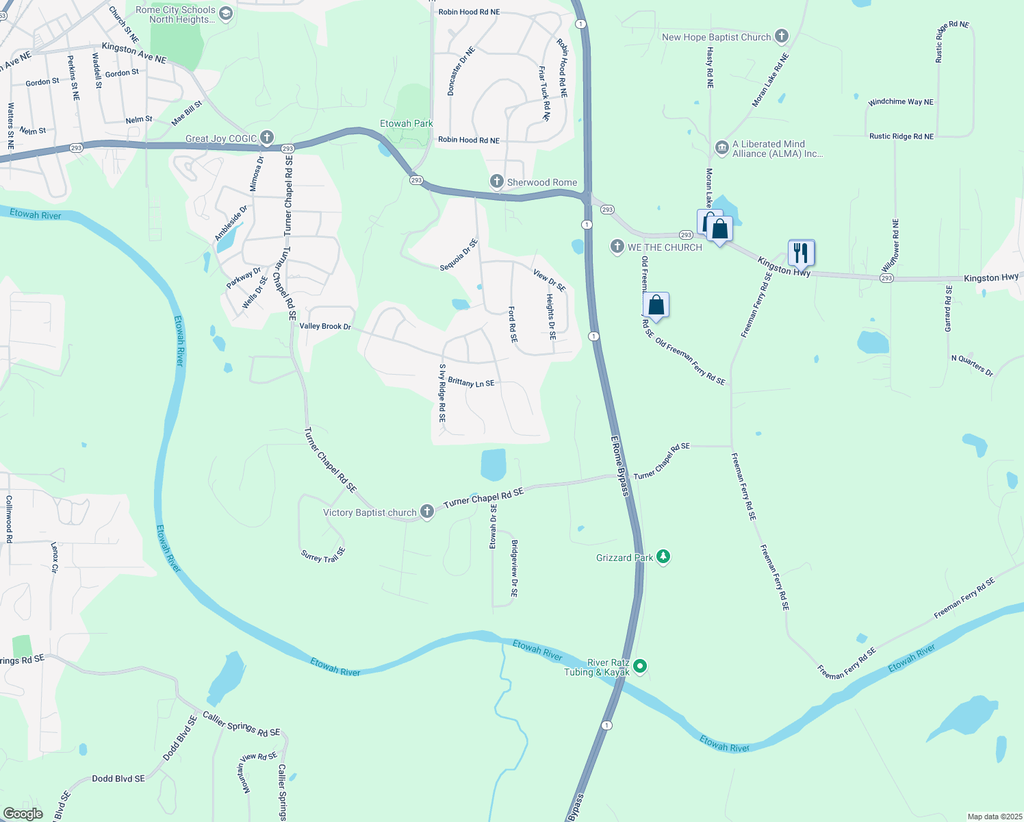 map of restaurants, bars, coffee shops, grocery stores, and more near 109 South Cloudview Road in Rome