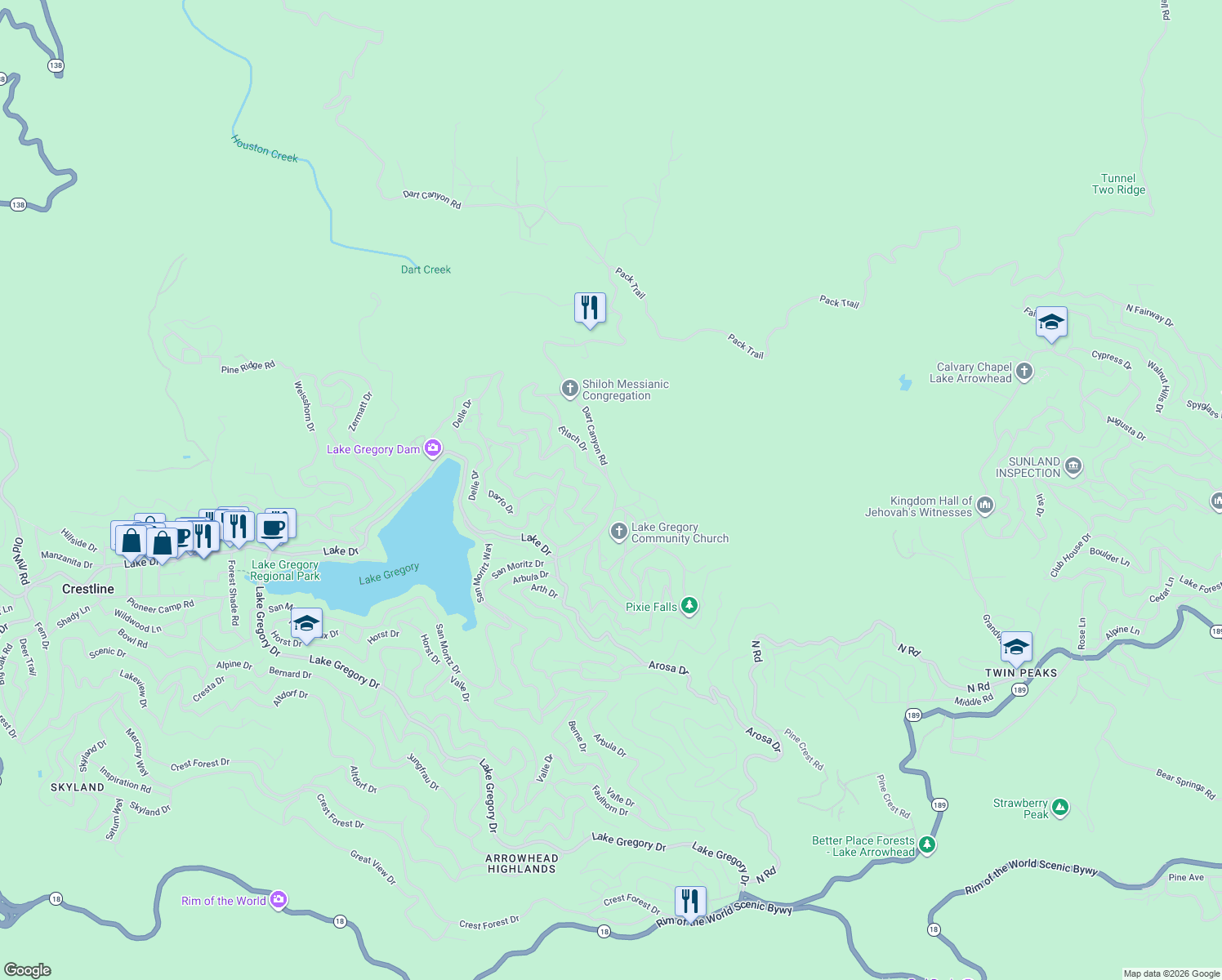 map of restaurants, bars, coffee shops, grocery stores, and more near 380 South Dart Canyon Road in Crestline