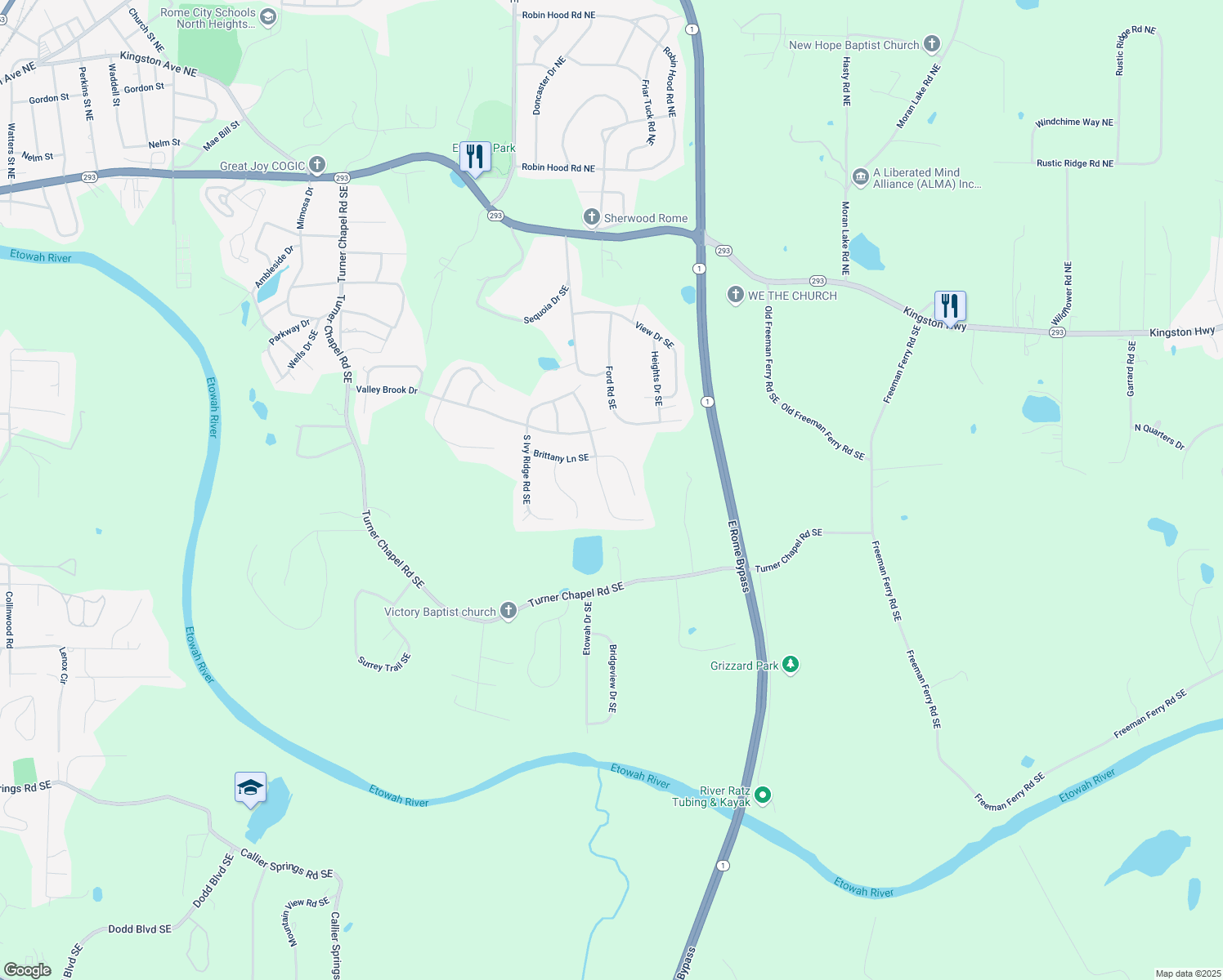 map of restaurants, bars, coffee shops, grocery stores, and more near 109 South Cloudview Road in Rome