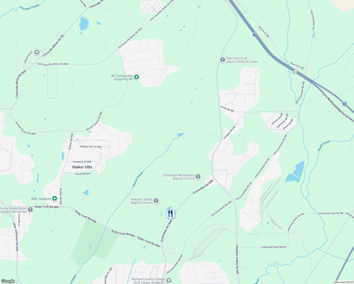 map of restaurants, bars, coffee shops, grocery stores, and more near 51 Mountainbrook Drive in Cartersville
