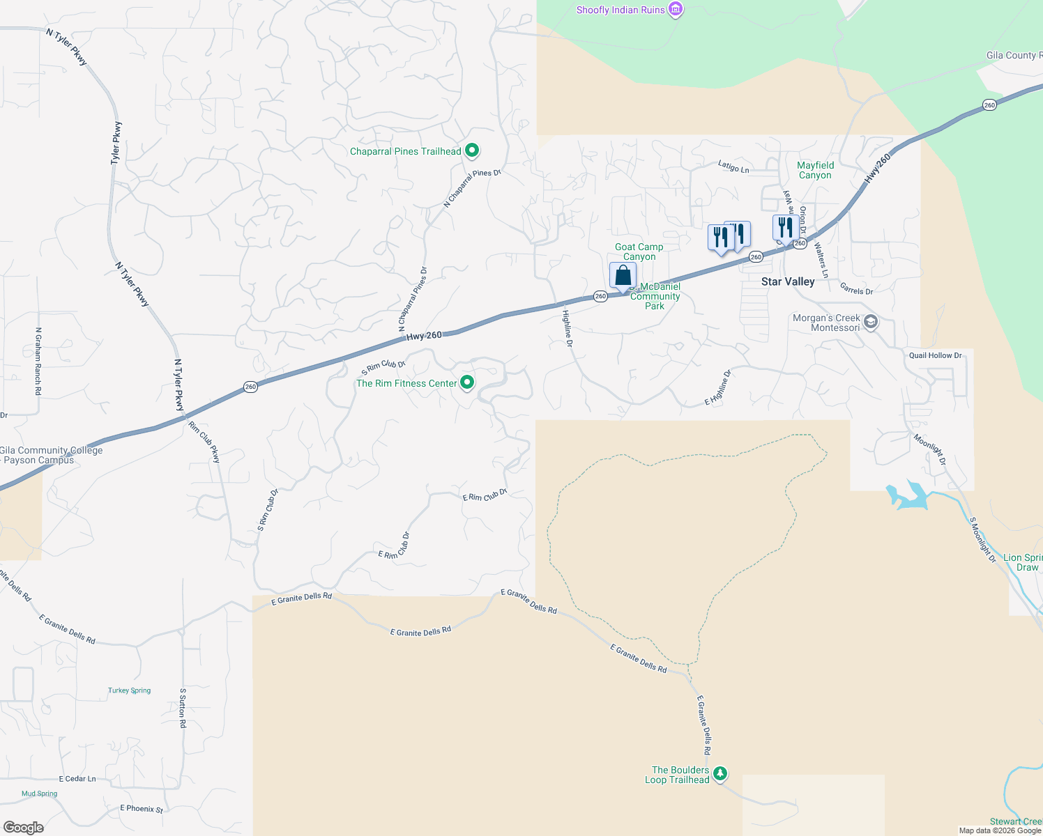 map of restaurants, bars, coffee shops, grocery stores, and more near 3007 East Arrow Point in Payson