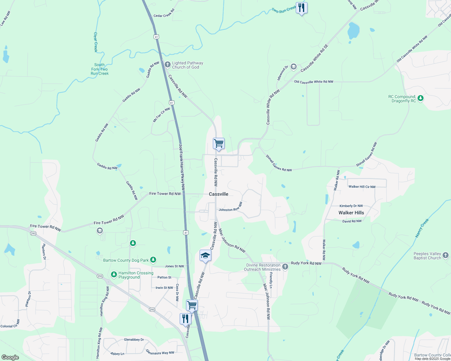 map of restaurants, bars, coffee shops, grocery stores, and more near 25 Sherman Lane Northwest in Cartersville