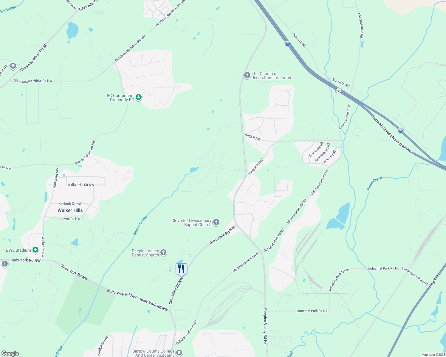 map of restaurants, bars, coffee shops, grocery stores, and more near 14 Ridgeline Way in Cartersville