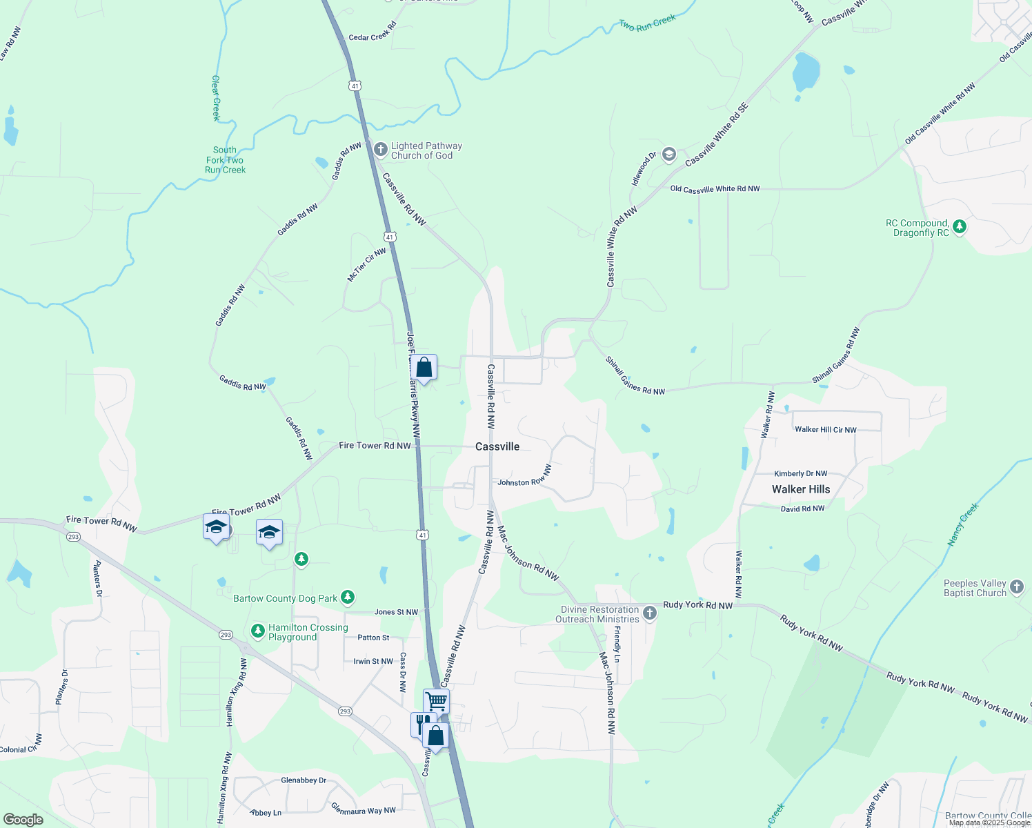 map of restaurants, bars, coffee shops, grocery stores, and more near 25 Sherman Lane Northwest in Cartersville