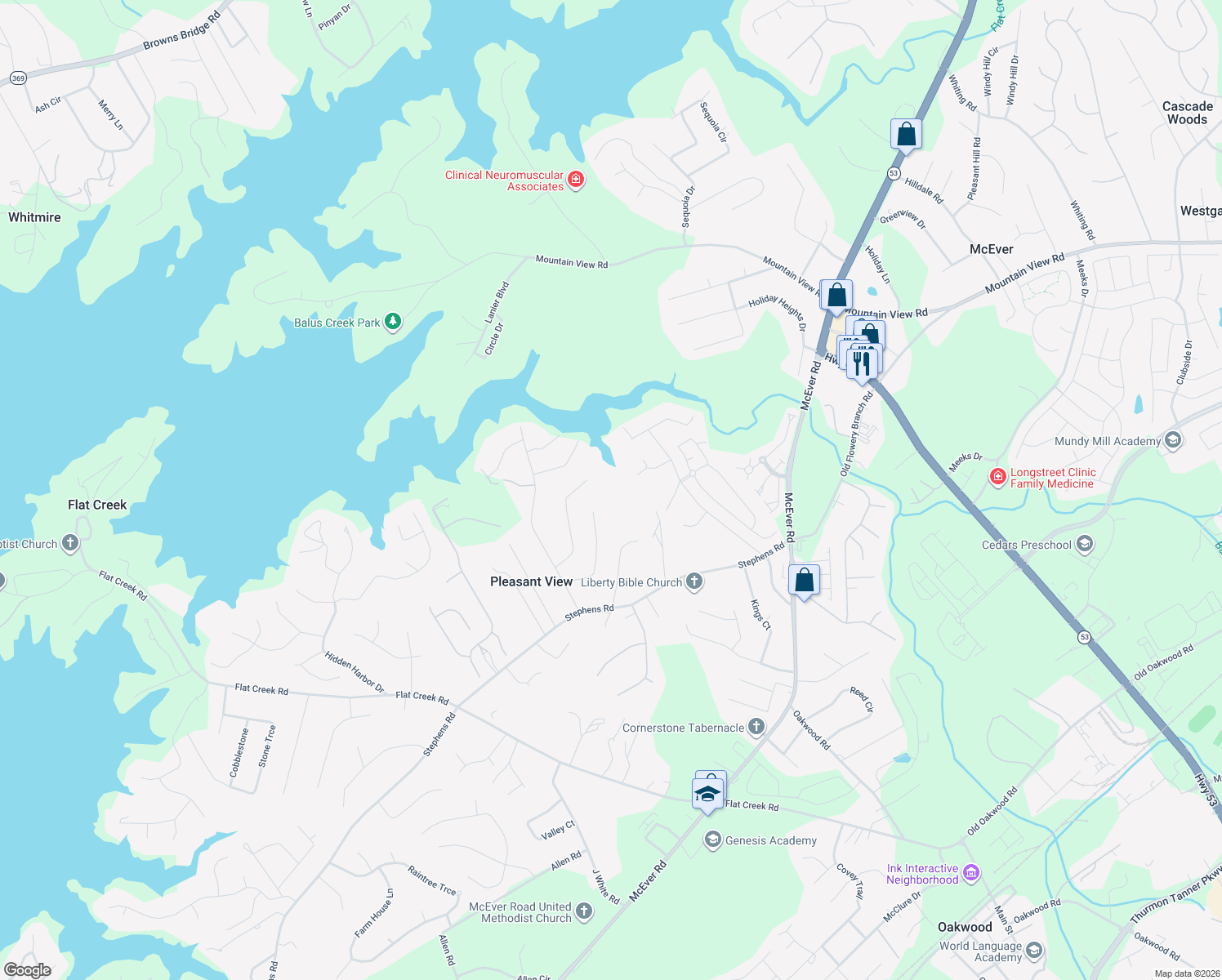 map of restaurants, bars, coffee shops, grocery stores, and more near 5080 Balus Dr in Gainesville