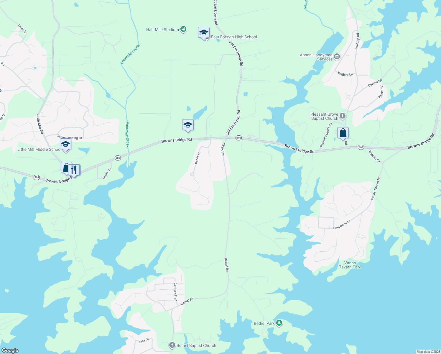 map of restaurants, bars, coffee shops, grocery stores, and more near 7770 Bethel Road in Gainesville