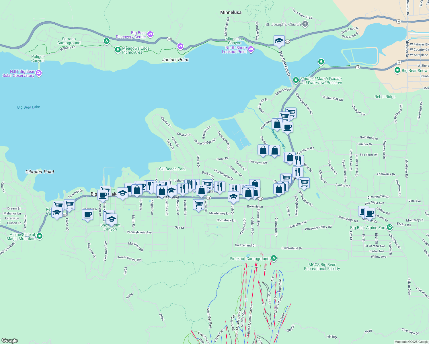 map of restaurants, bars, coffee shops, grocery stores, and more near 41581 Mockingbird Drive in Big Bear Lake