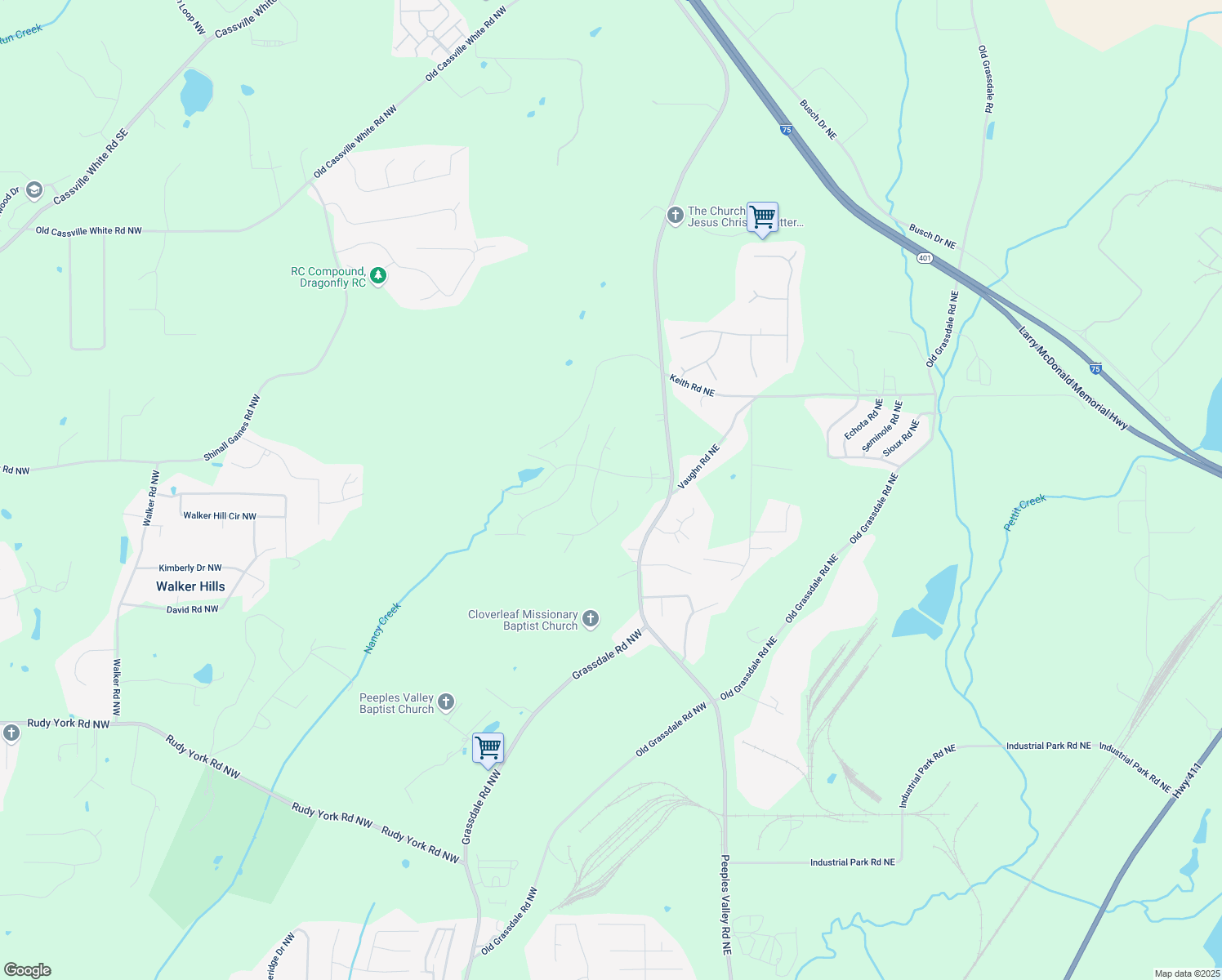 map of restaurants, bars, coffee shops, grocery stores, and more near 12 Ridgeline Way in Cartersville