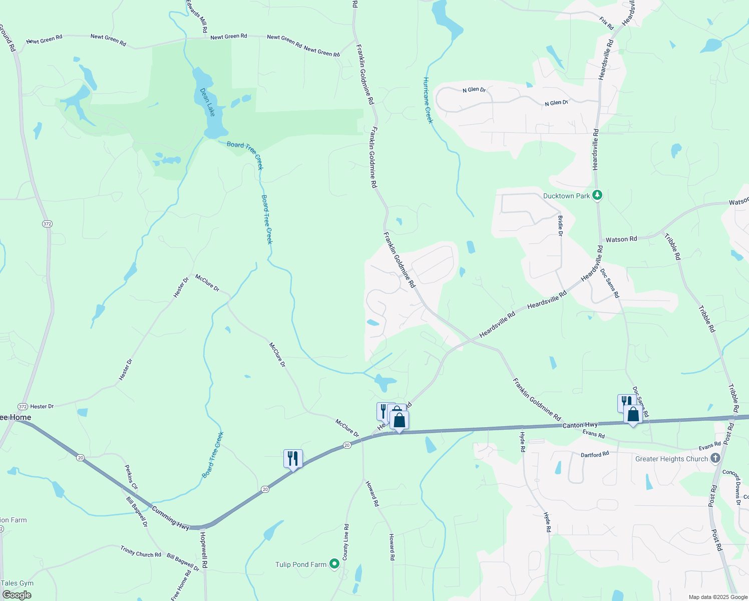 map of restaurants, bars, coffee shops, grocery stores, and more near 5985 Hidden Ridge Court in Cumming