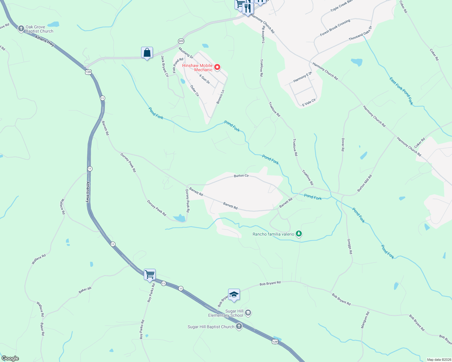 map of restaurants, bars, coffee shops, grocery stores, and more near 2992 Burton Circle in Gainesville