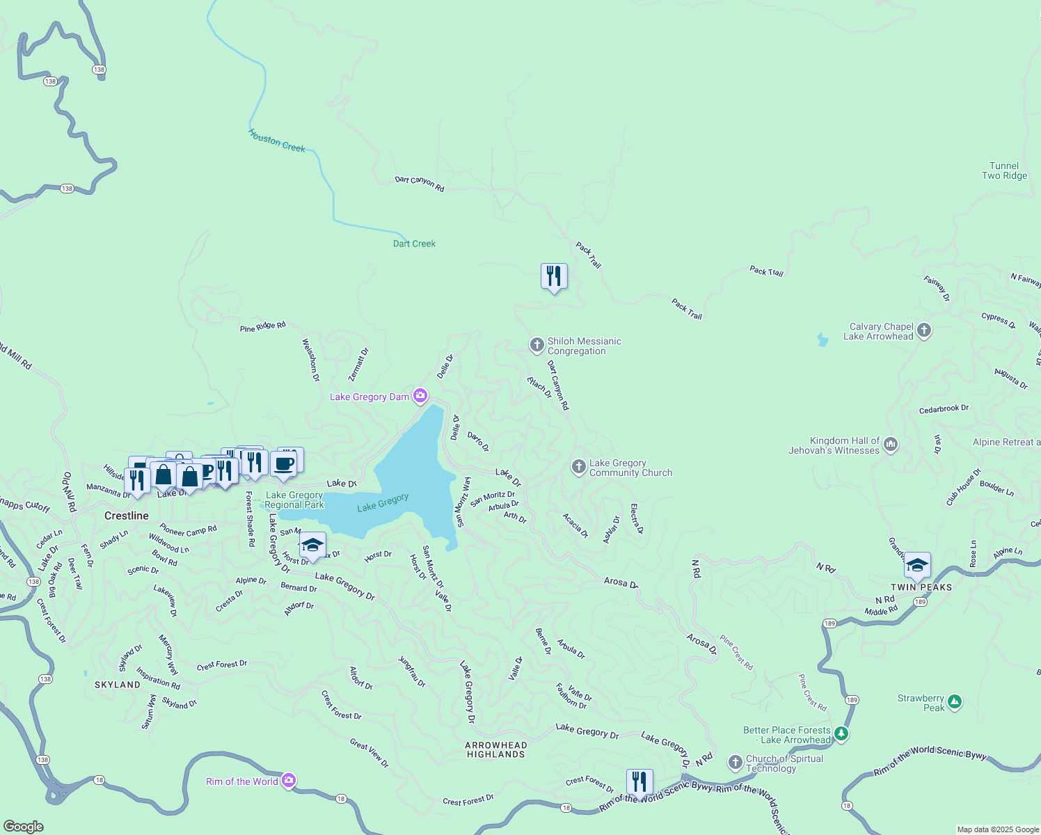 map of restaurants, bars, coffee shops, grocery stores, and more near 365 Davos Drive in Crestline