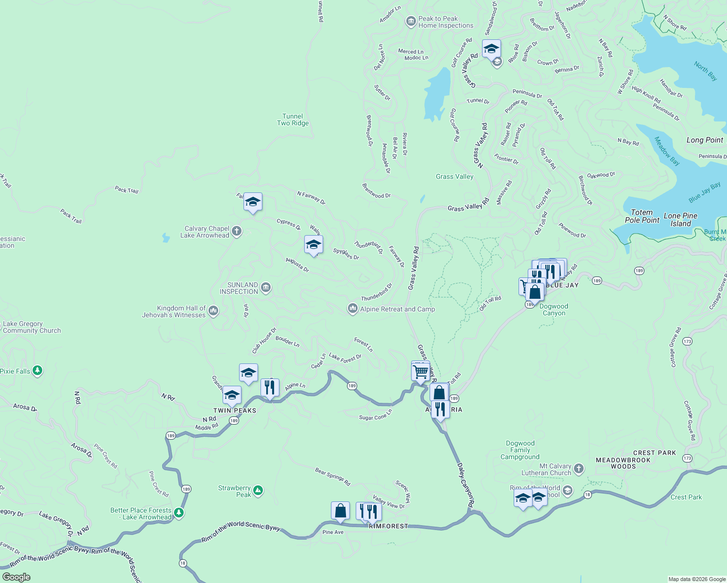 map of restaurants, bars, coffee shops, grocery stores, and more near 26495 Walnut Hills Drive in Lake Arrowhead