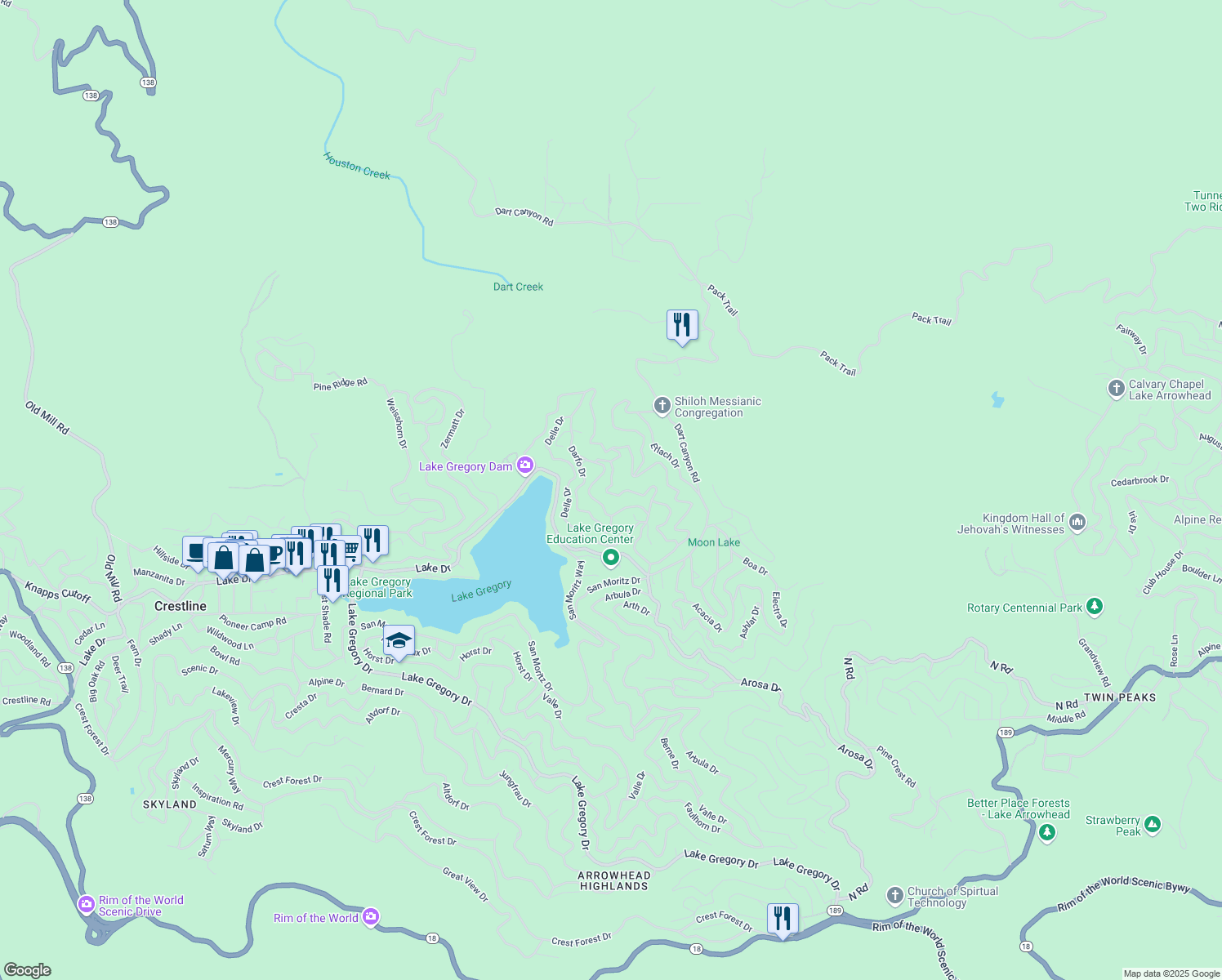 map of restaurants, bars, coffee shops, grocery stores, and more near 327 Davos Drive in Crestline