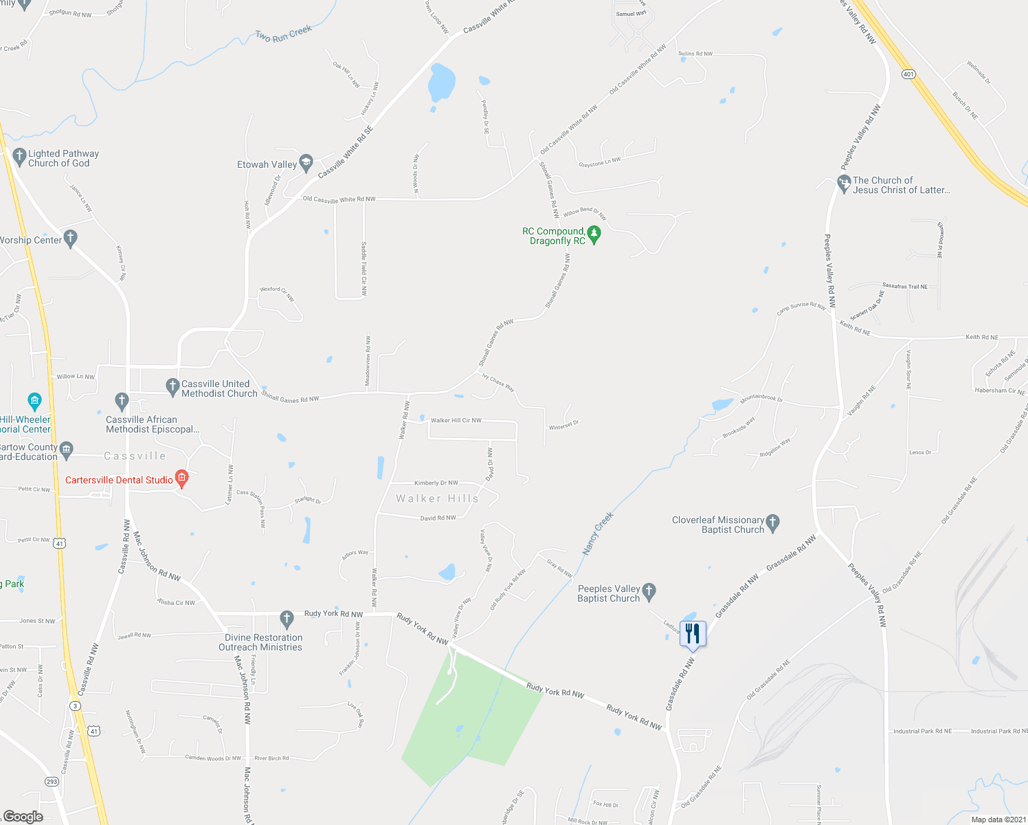 map of restaurants, bars, coffee shops, grocery stores, and more near 26 Ivy Chase Way in Cartersville