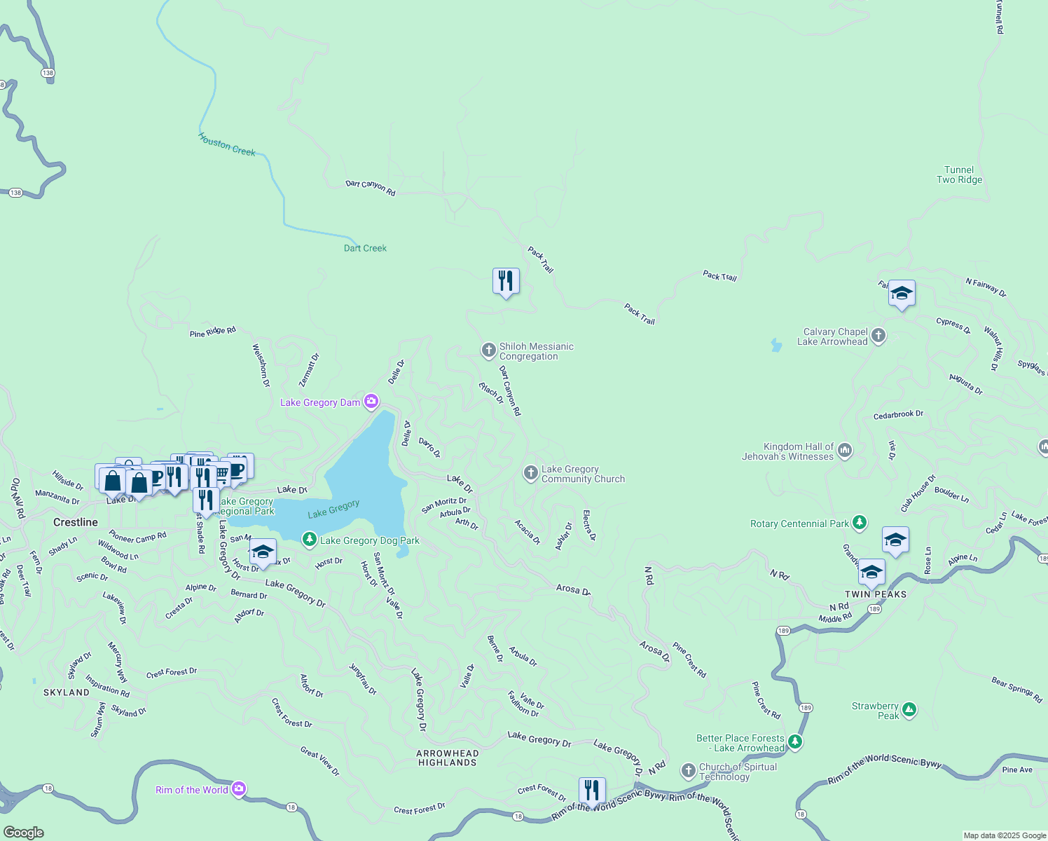 map of restaurants, bars, coffee shops, grocery stores, and more near 380 South Dart Canyon Road in Crestline