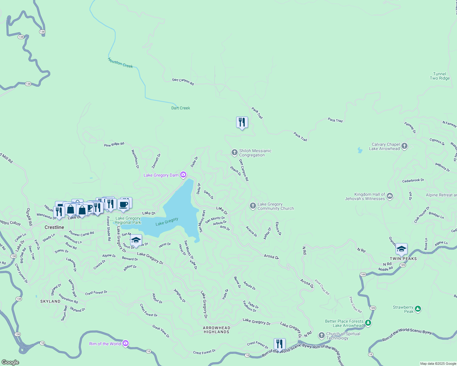 map of restaurants, bars, coffee shops, grocery stores, and more near 365 Davos Drive in Crestline