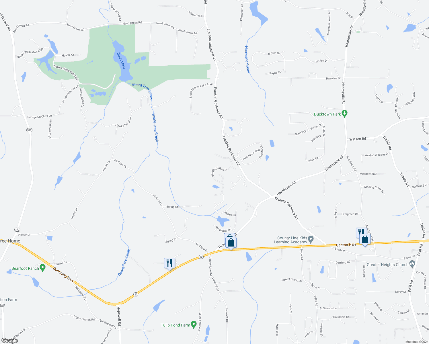 map of restaurants, bars, coffee shops, grocery stores, and more near 5745 Winding Lakes Drive in Cumming