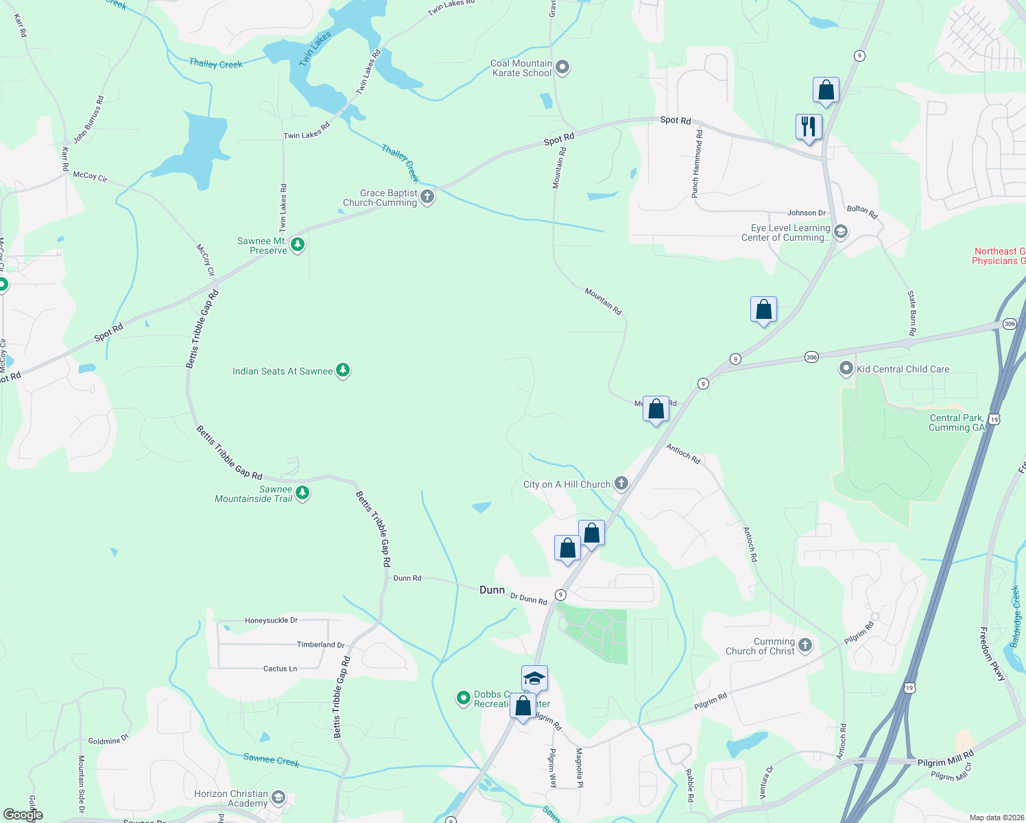map of restaurants, bars, coffee shops, grocery stores, and more near 1765 Hughes Dr in Cumming