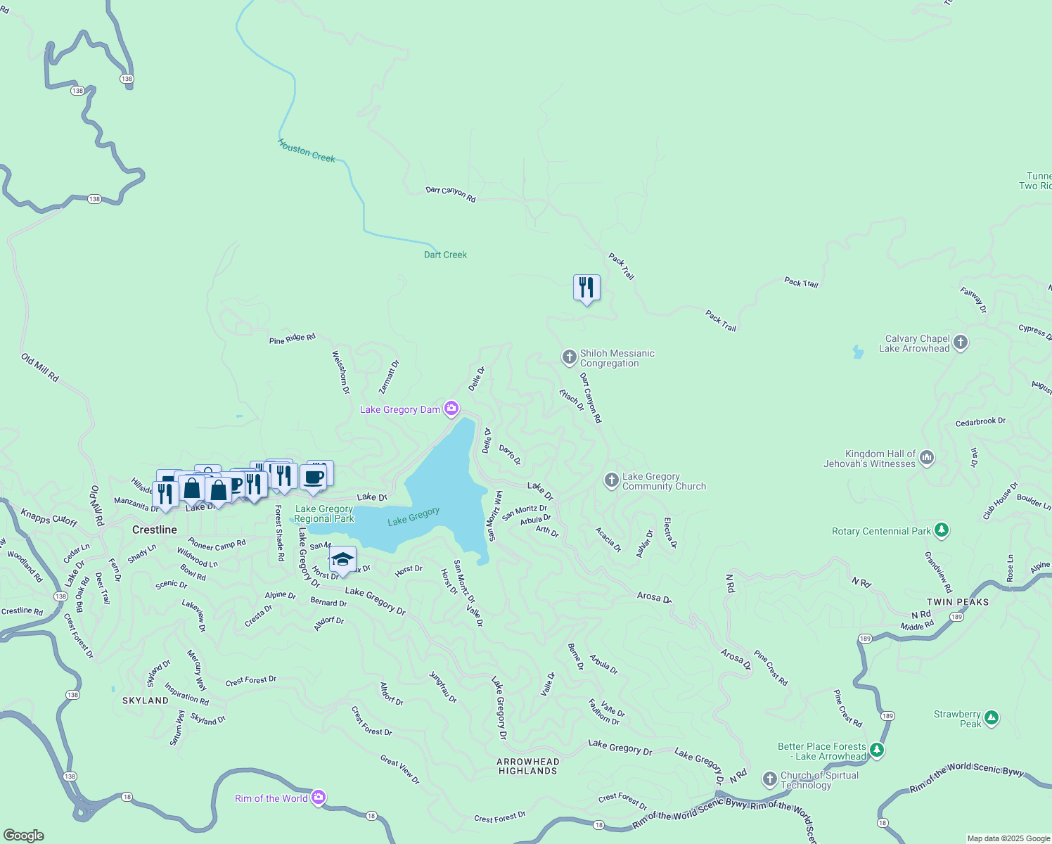 map of restaurants, bars, coffee shops, grocery stores, and more near 285 Davos Court in Crestline