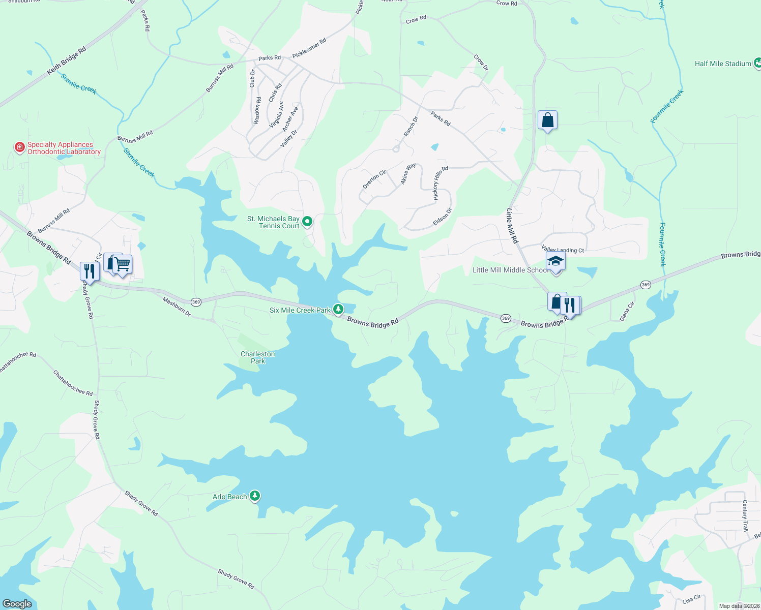 map of restaurants, bars, coffee shops, grocery stores, and more near 6165 Reives Road in Cumming