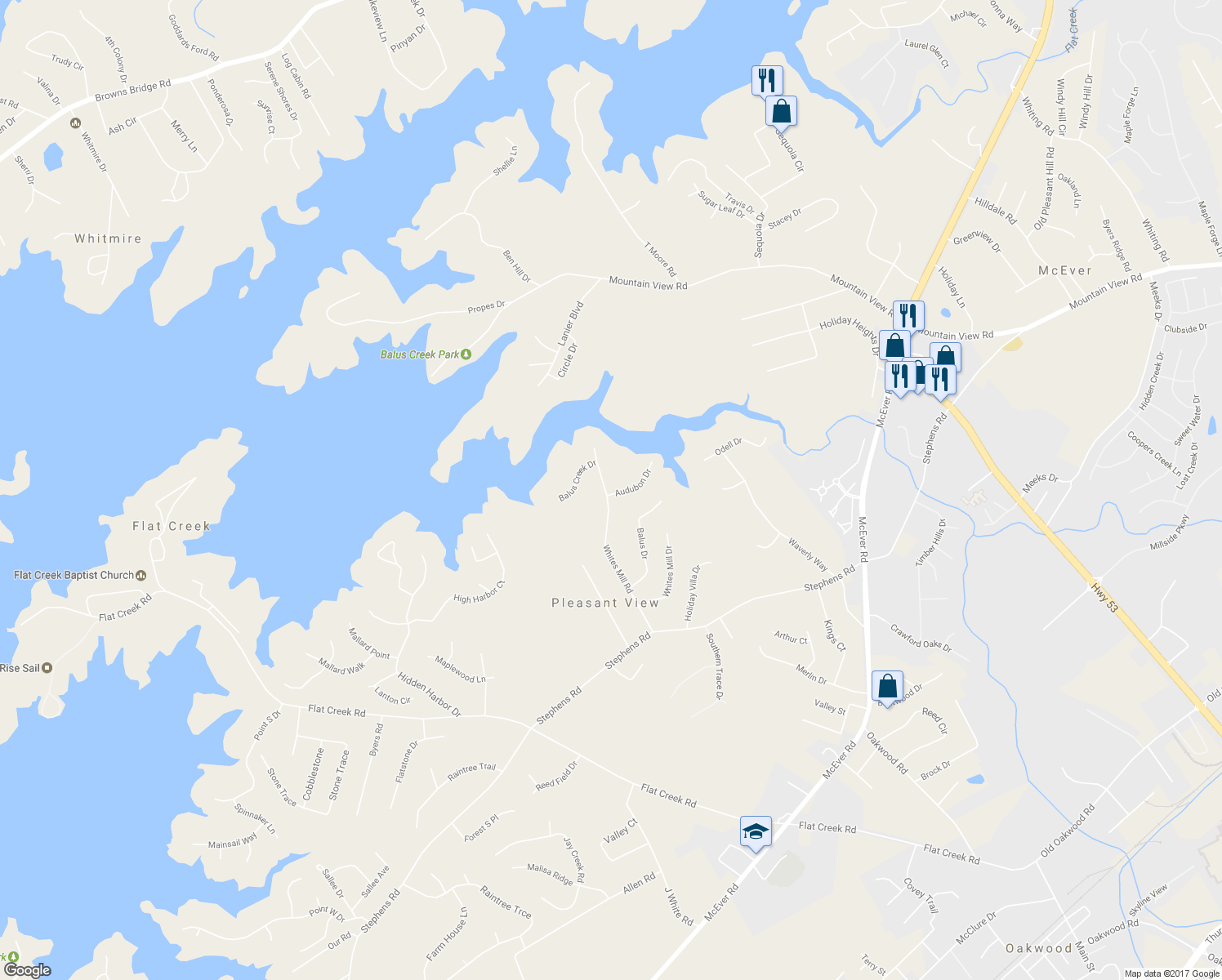 map of restaurants, bars, coffee shops, grocery stores, and more near 5114 Whites Mill Road in Gainesville