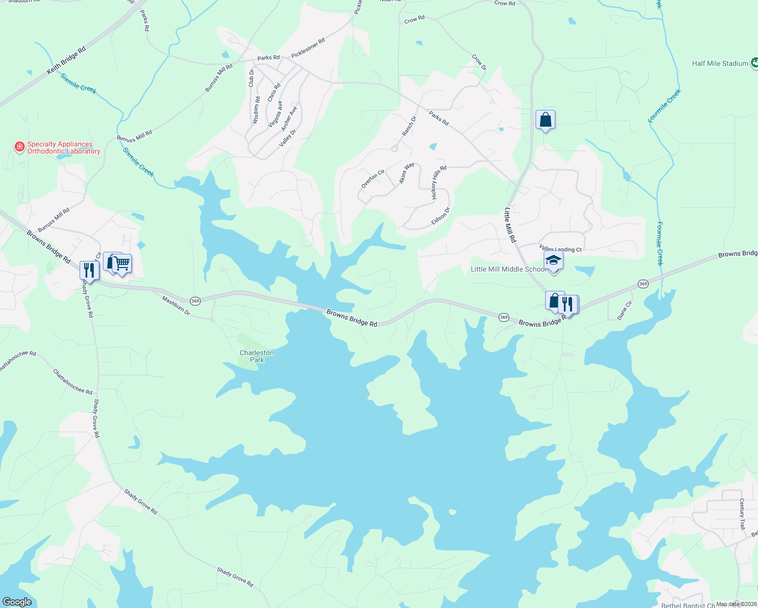 map of restaurants, bars, coffee shops, grocery stores, and more near 6165 Reives Road in Cumming