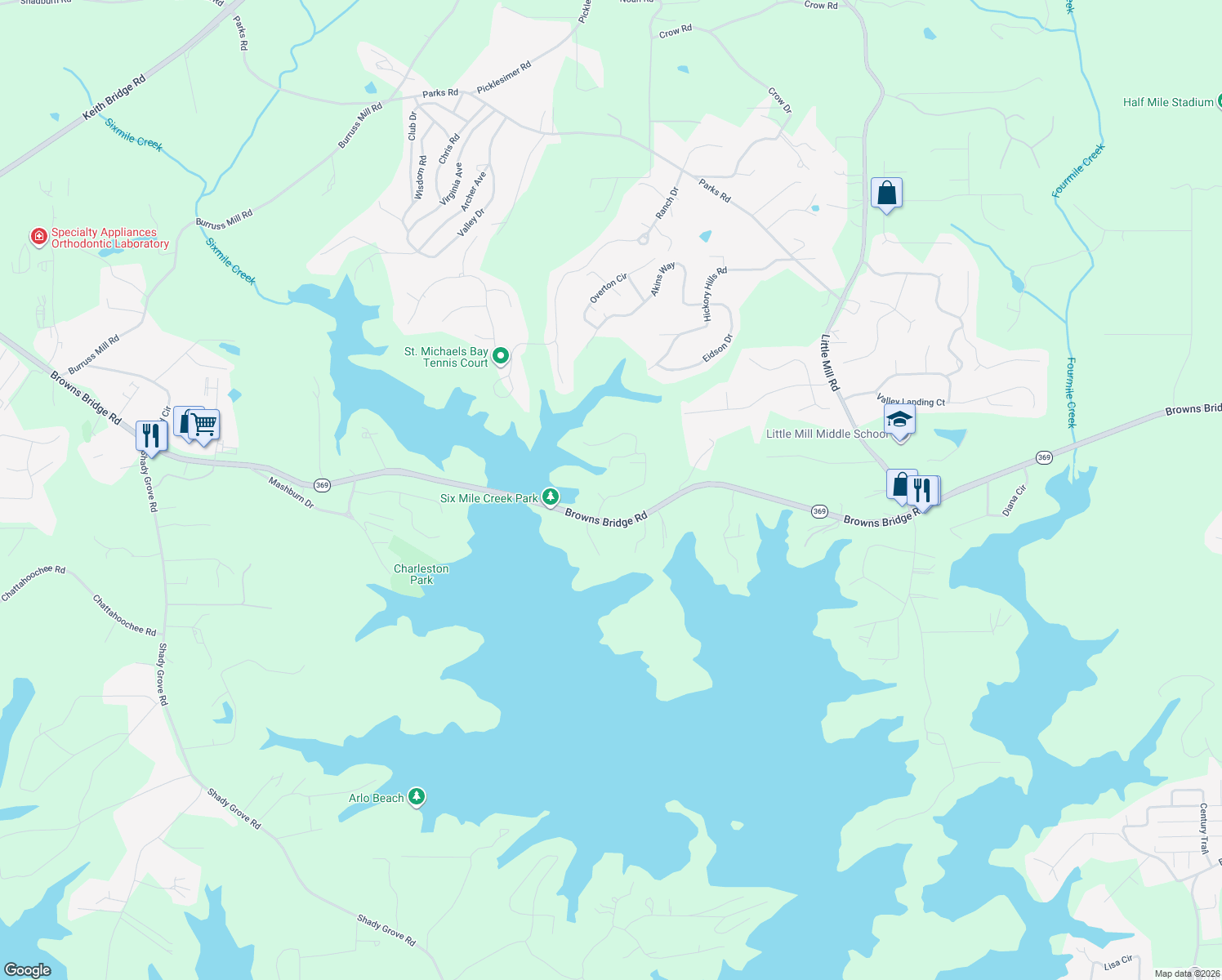map of restaurants, bars, coffee shops, grocery stores, and more near 6165 Reives Road in Cumming