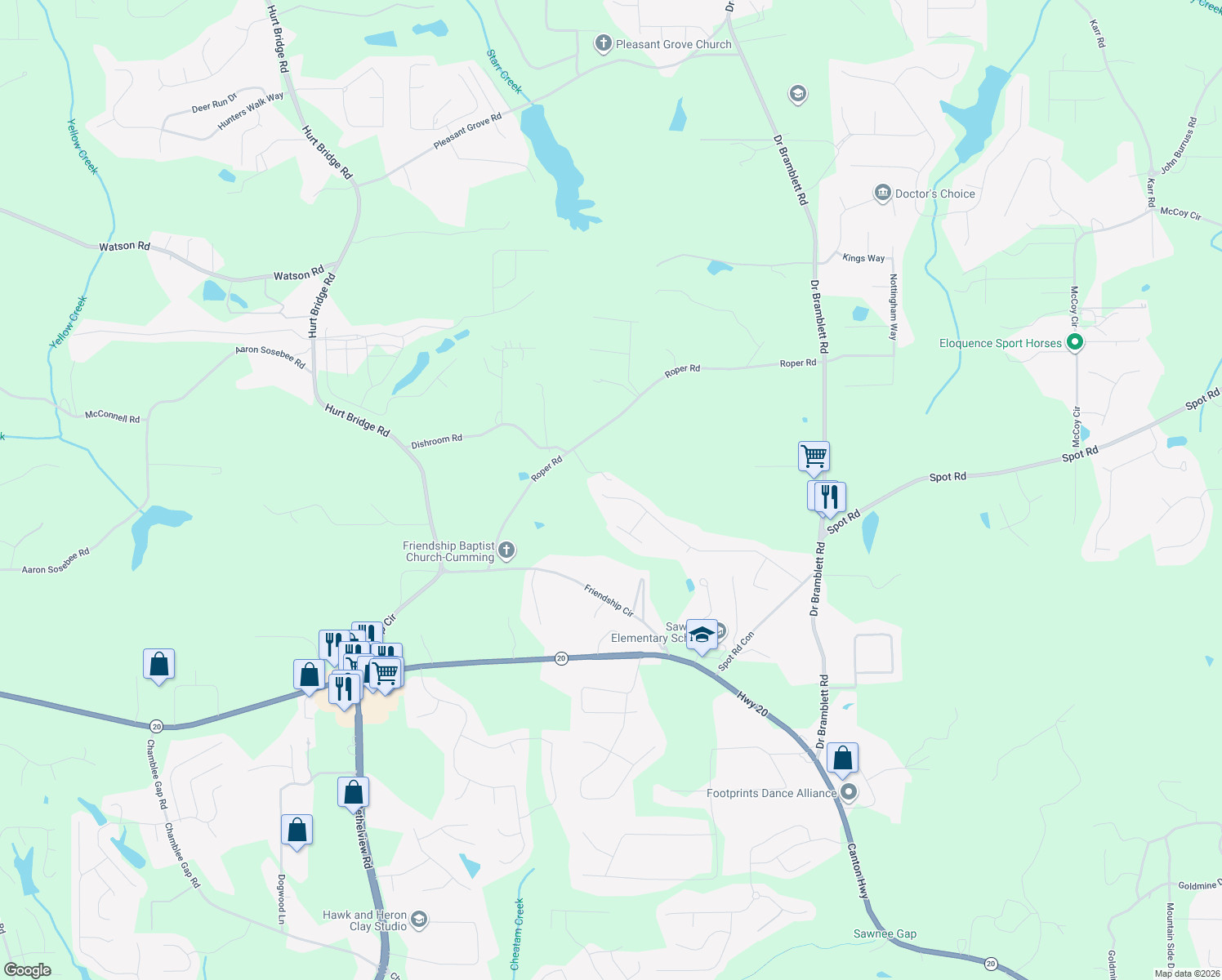 map of restaurants, bars, coffee shops, grocery stores, and more near 2180 Chadwick Dr in Cumming