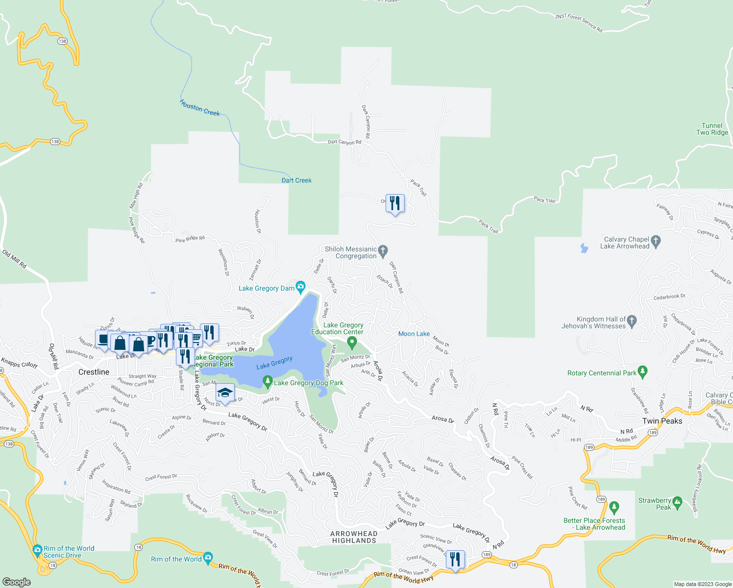 map of restaurants, bars, coffee shops, grocery stores, and more near 437 Dorn Drive in Crestline