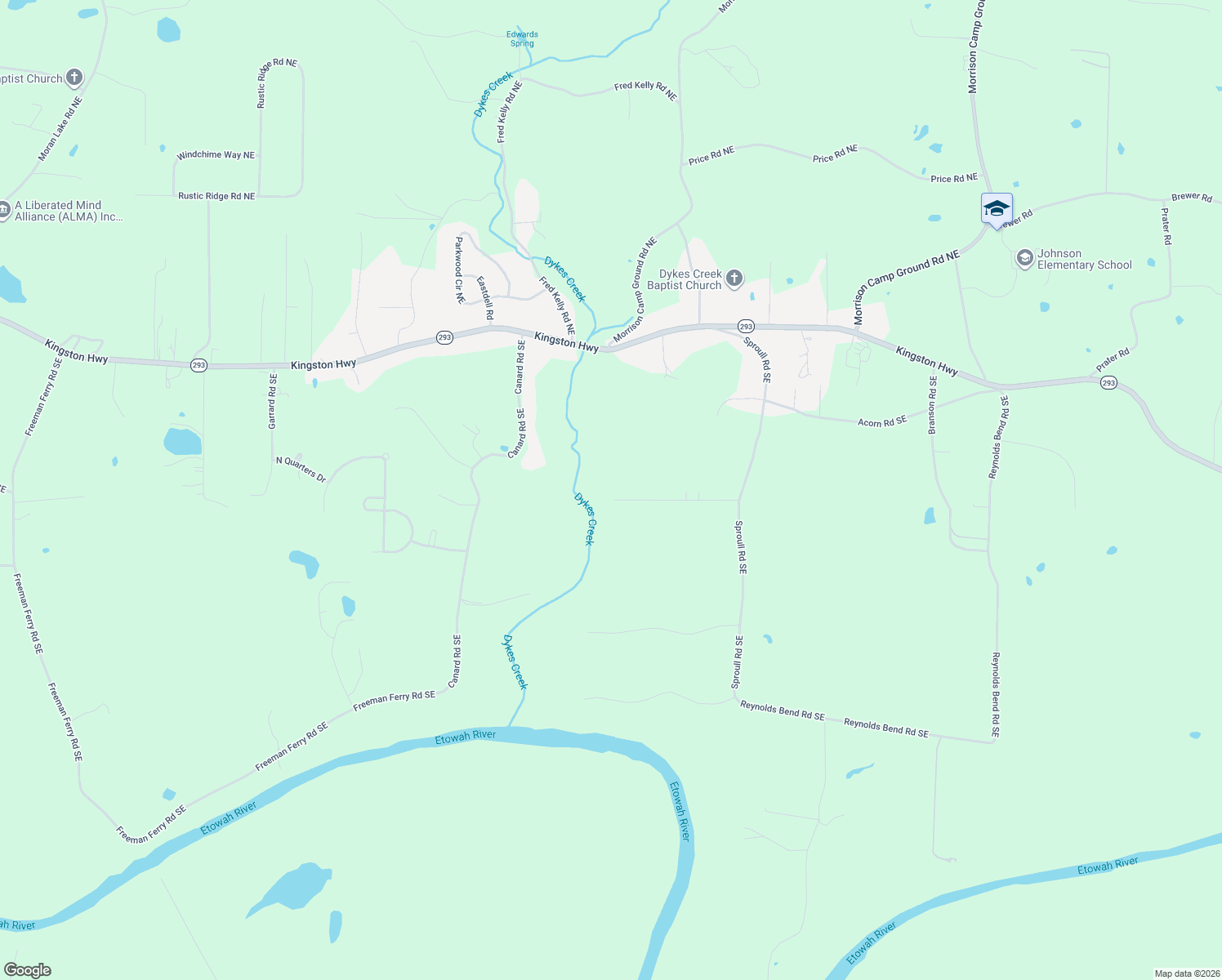 map of restaurants, bars, coffee shops, grocery stores, and more near 36 Mountain Creek Drive Southeast in Rome