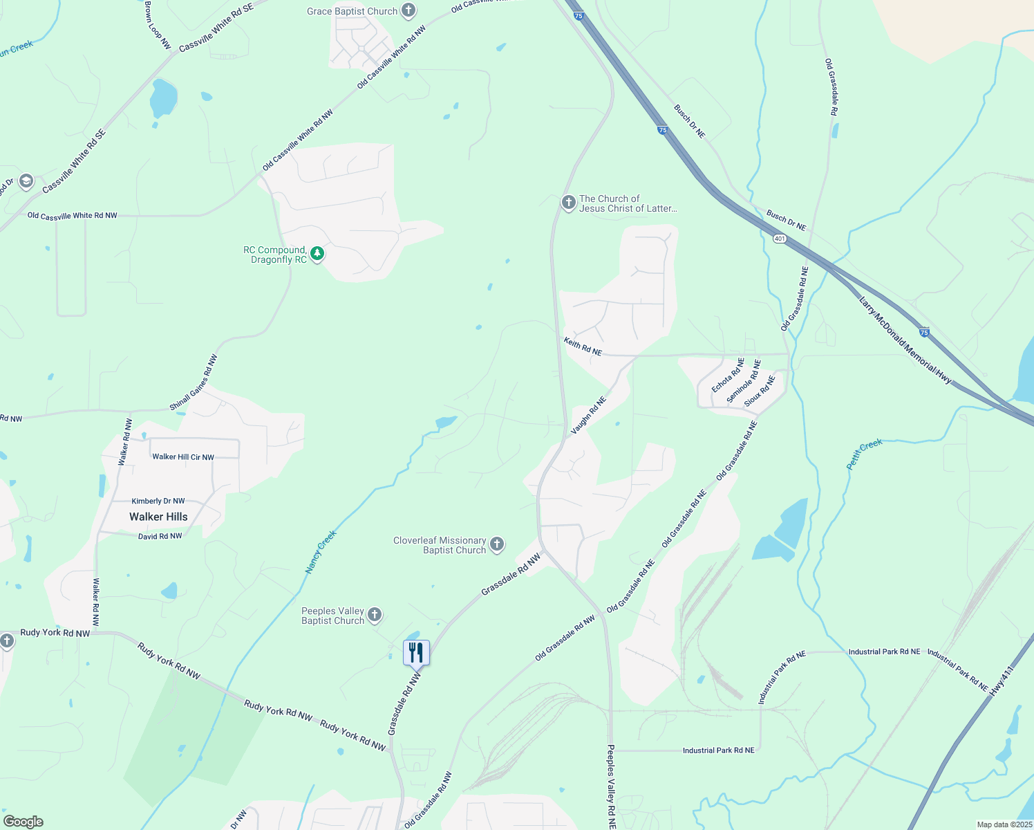 map of restaurants, bars, coffee shops, grocery stores, and more near 12 Knollwood Way in Cartersville
