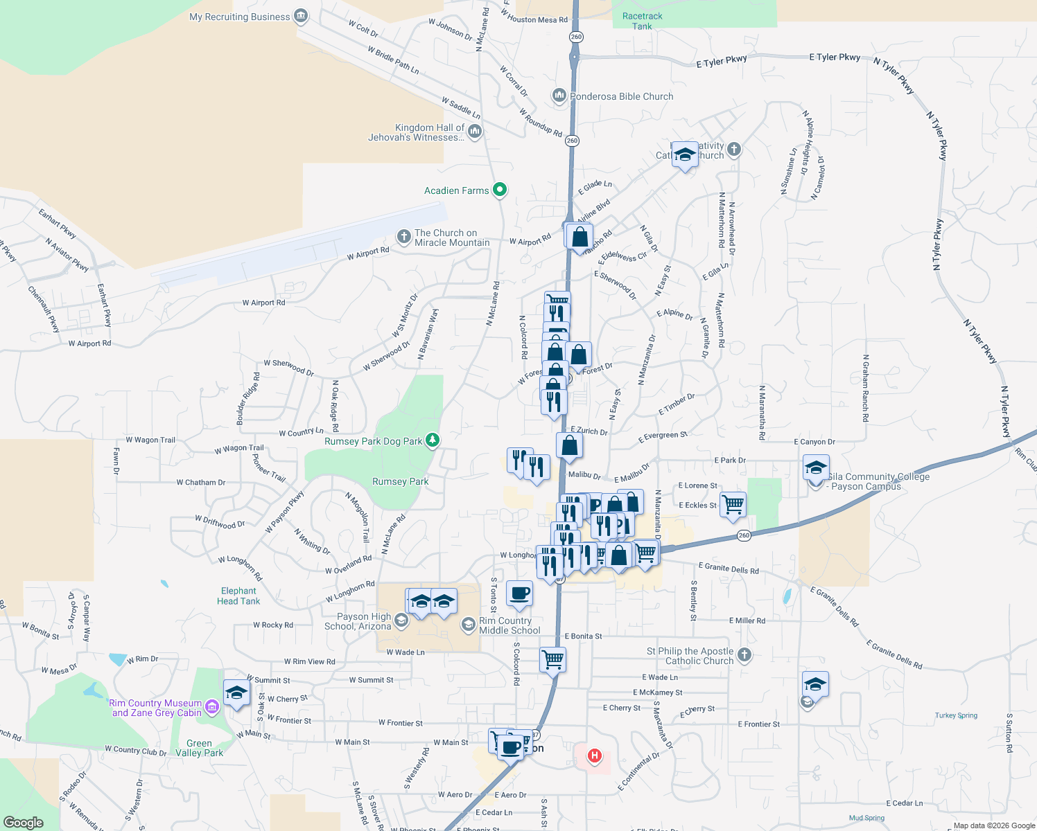 map of restaurants, bars, coffee shops, grocery stores, and more near 602 North Colcord Road in Payson