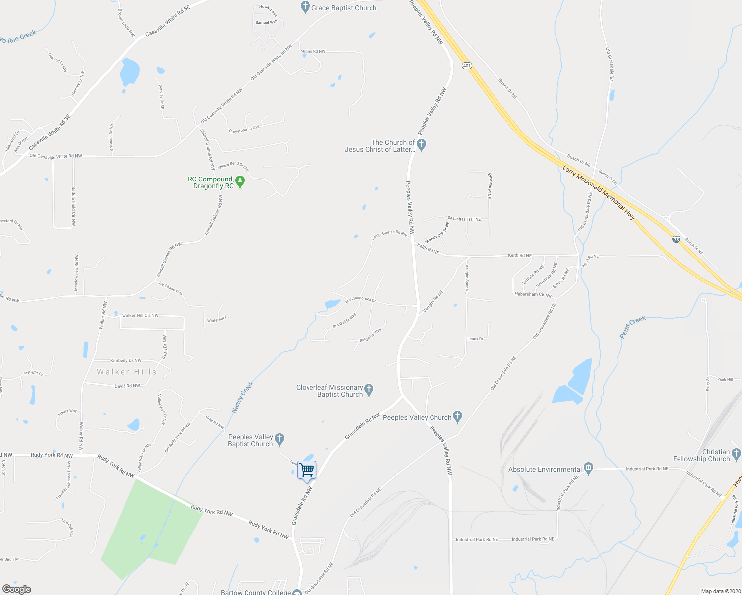 map of restaurants, bars, coffee shops, grocery stores, and more near 28 Mountainbrook Drive in Cartersville