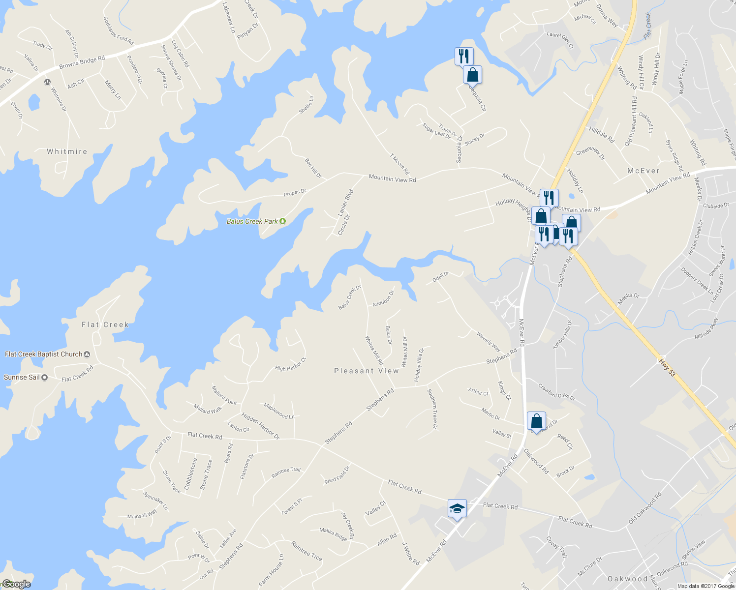 map of restaurants, bars, coffee shops, grocery stores, and more near 5114 Whites Mill Road in Gainesville