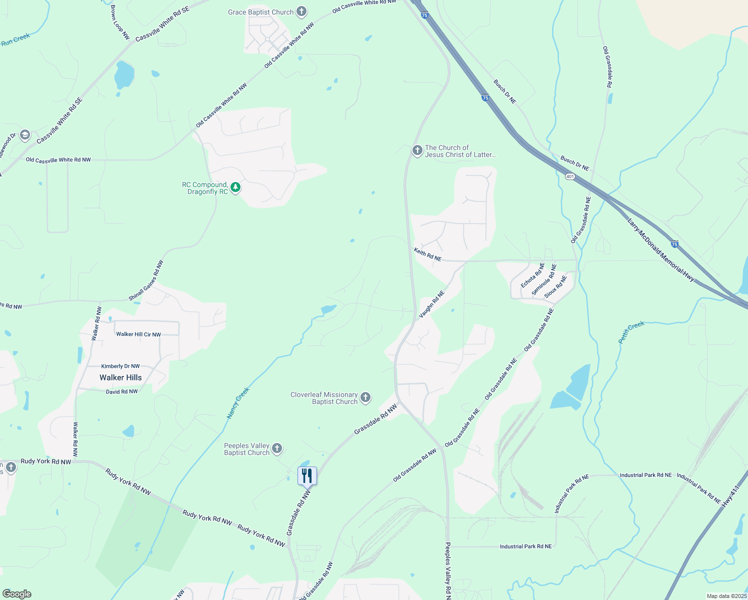 map of restaurants, bars, coffee shops, grocery stores, and more near 12 Knollwood Way in Cartersville