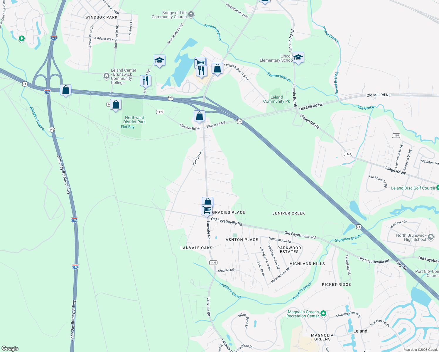 map of restaurants, bars, coffee shops, grocery stores, and more near 8951 Flat Path NE in Leland