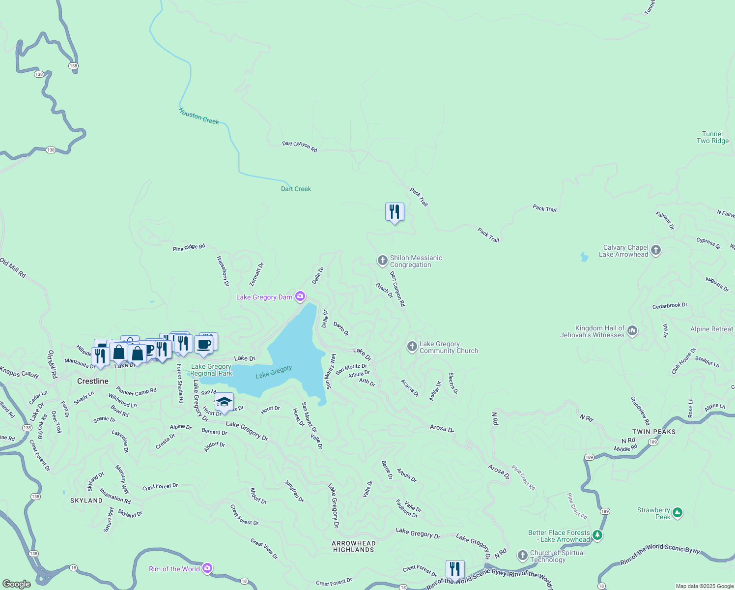 map of restaurants, bars, coffee shops, grocery stores, and more near 24814 Edelweiss Drive in Crestline