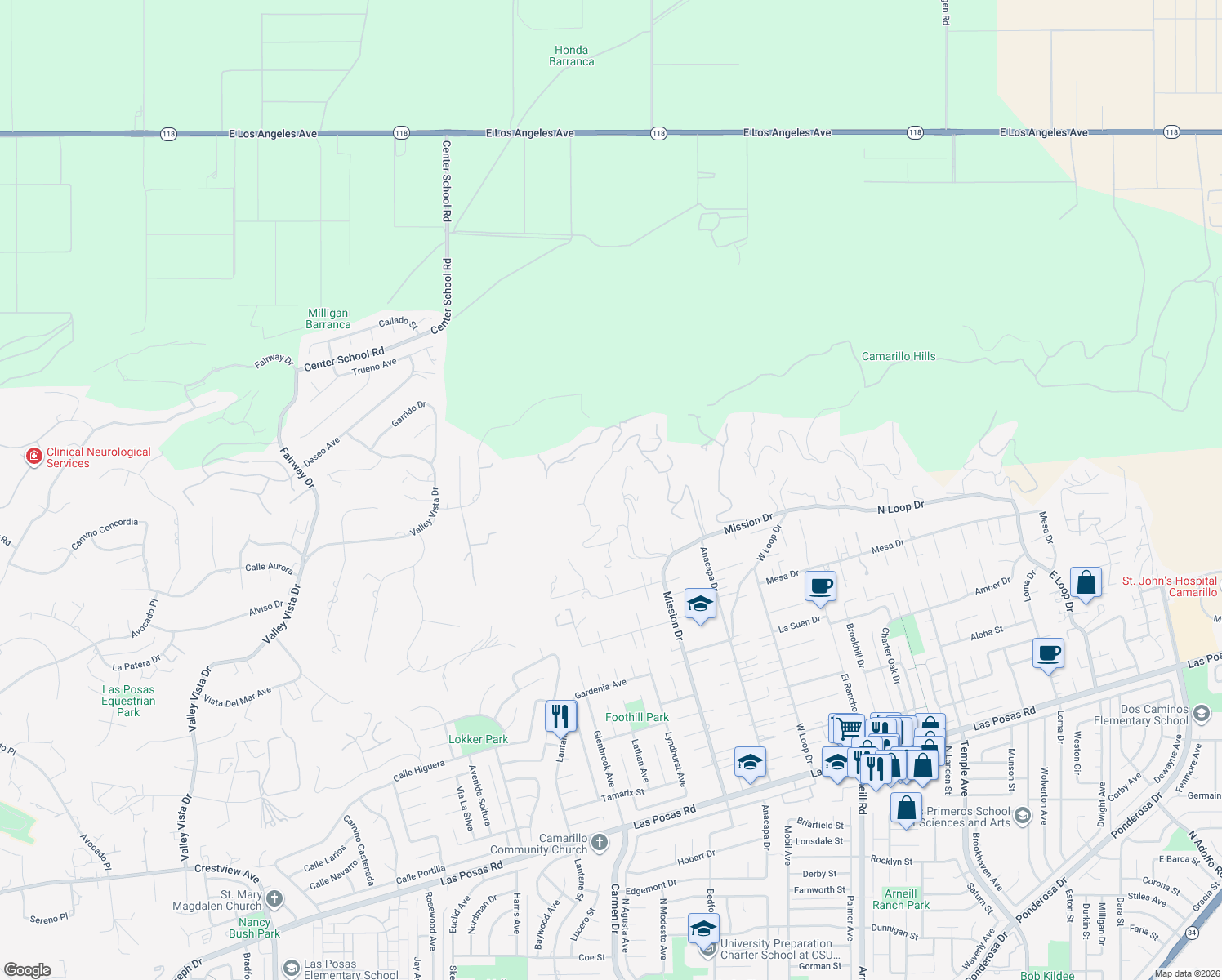 map of restaurants, bars, coffee shops, grocery stores, and more near 676 West Highland Drive in Camarillo