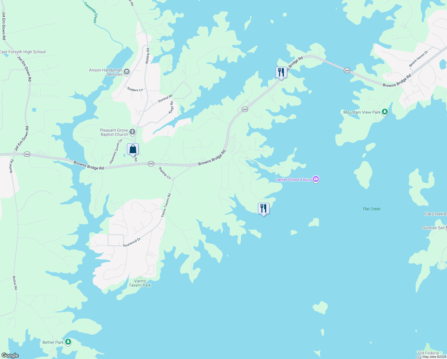 map of restaurants, bars, coffee shops, grocery stores, and more near 8915 Pine Tree Cir in Gainesville