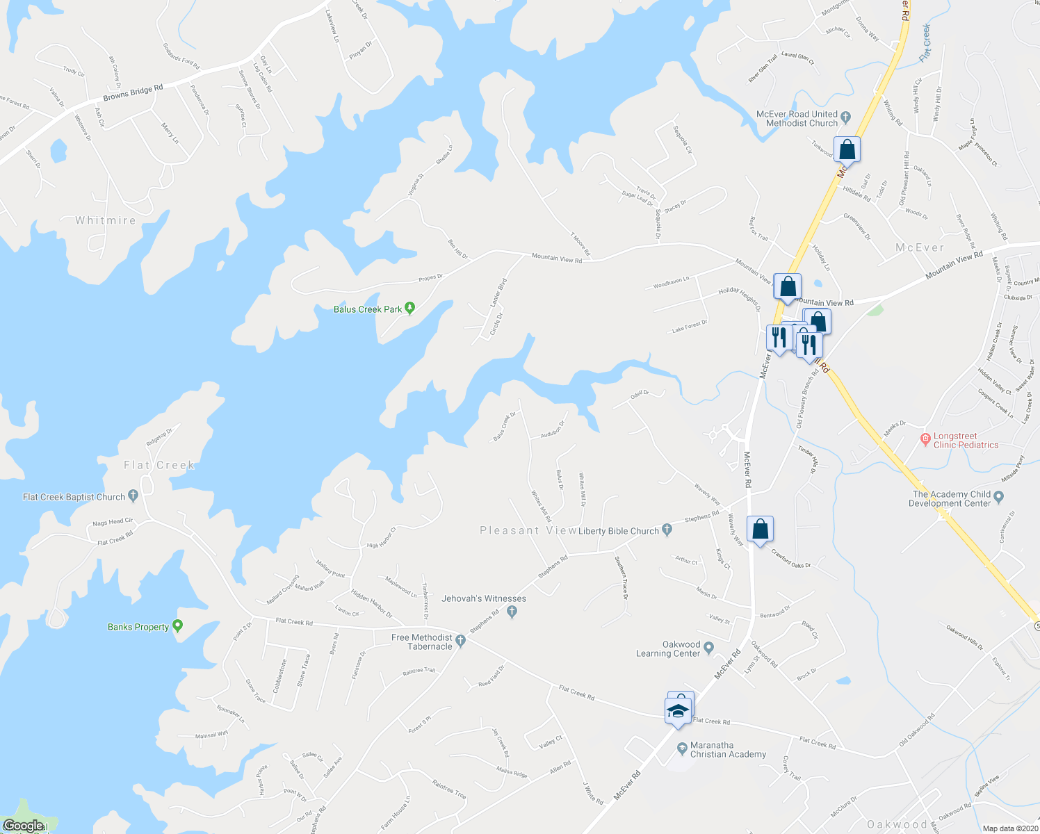 map of restaurants, bars, coffee shops, grocery stores, and more near 5123 Whites Mill Road in Gainesville