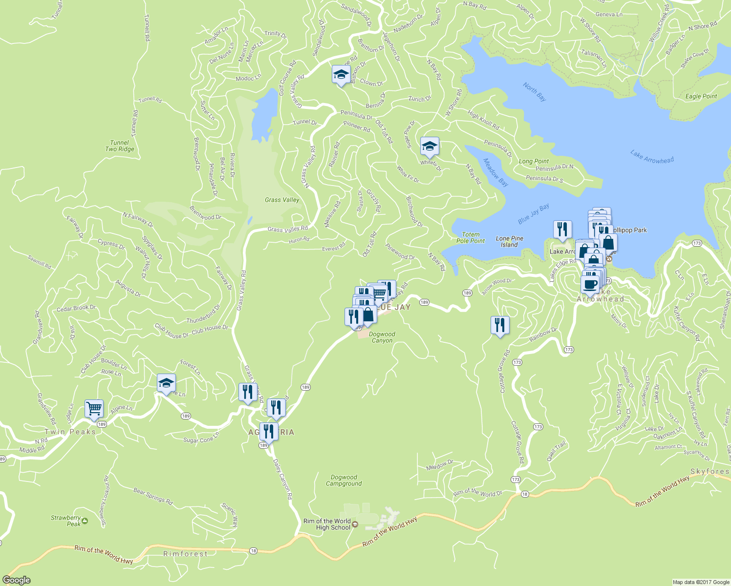 map of restaurants, bars, coffee shops, grocery stores, and more near 27191 Little Bear Road in Lake Arrowhead